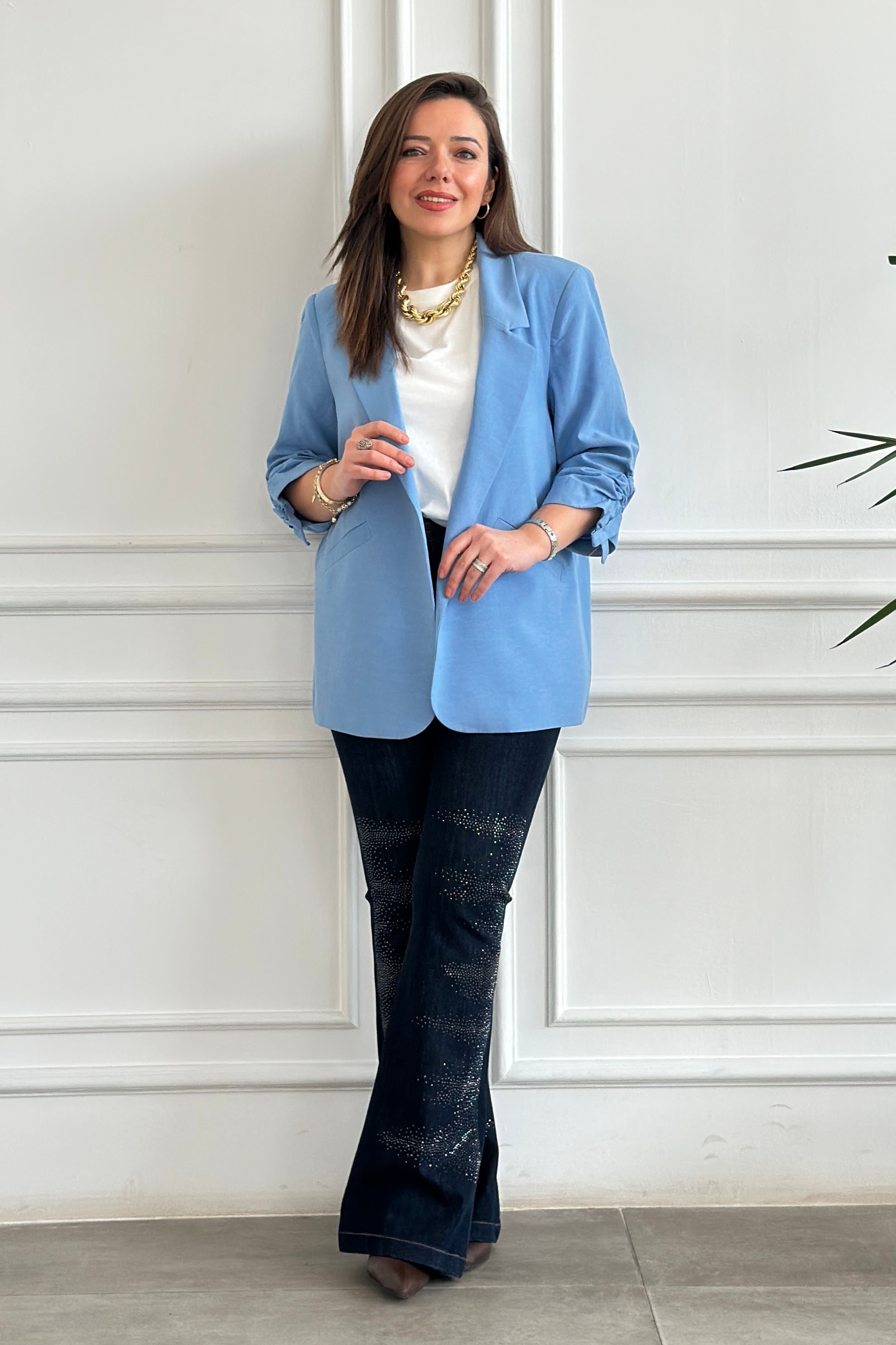 Kolları Büzgülü Blazer Ceket - MAVI