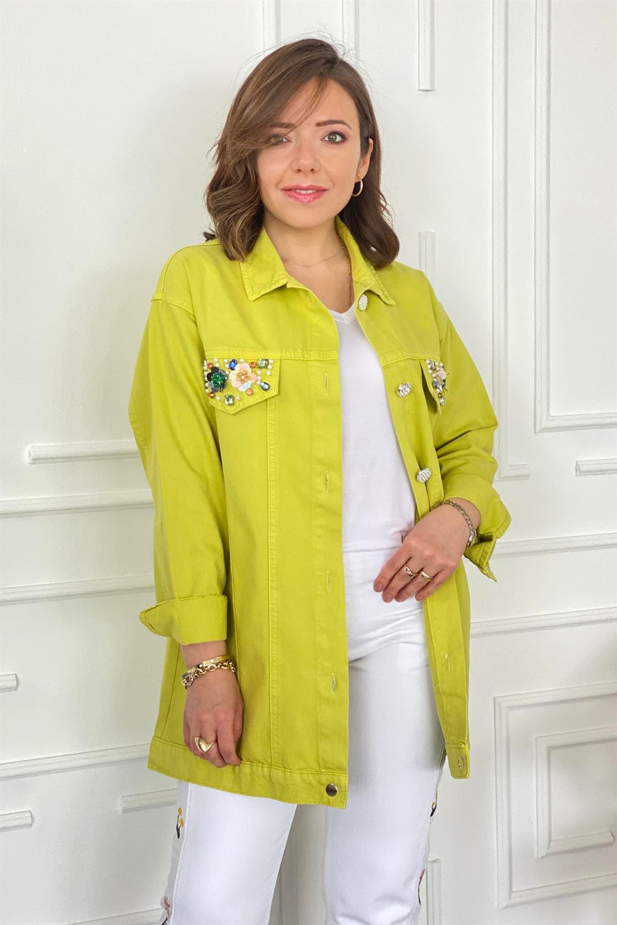 Cepleri Ve Düğmesi Taş Detaylı Gabardin Ceket