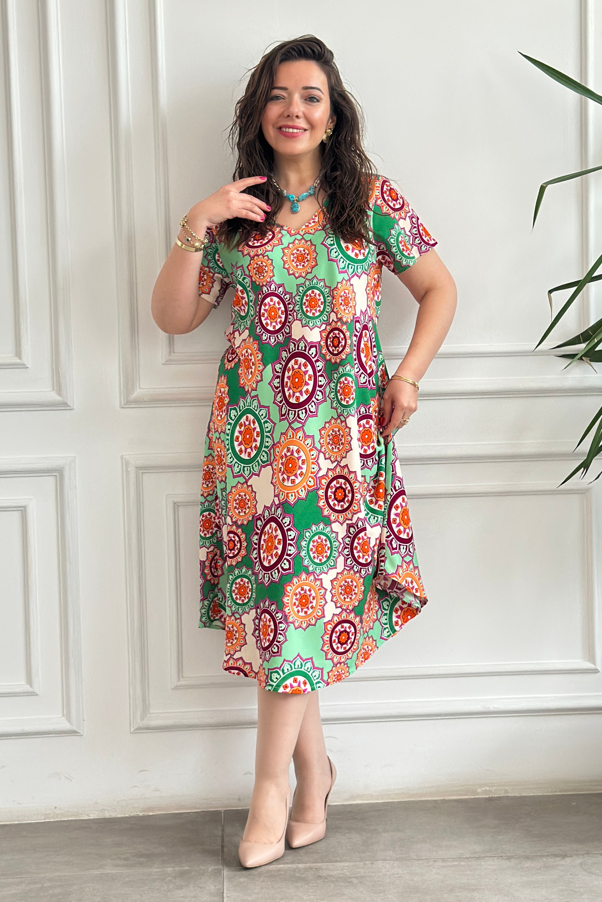 Sihirli V Yaka Viscon Elbise - YESIL MANDALA