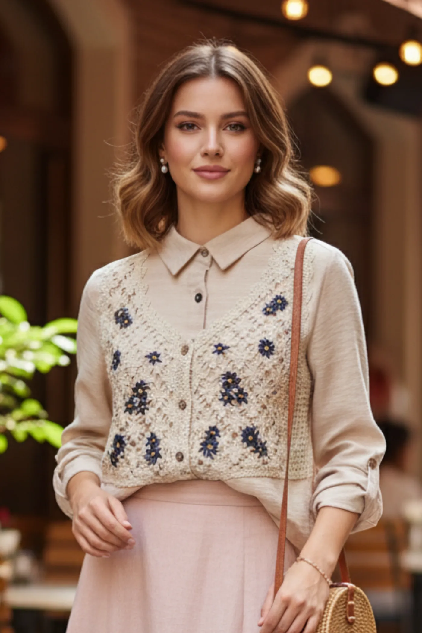 Önü Güpür Detaylı Keten Gömlek