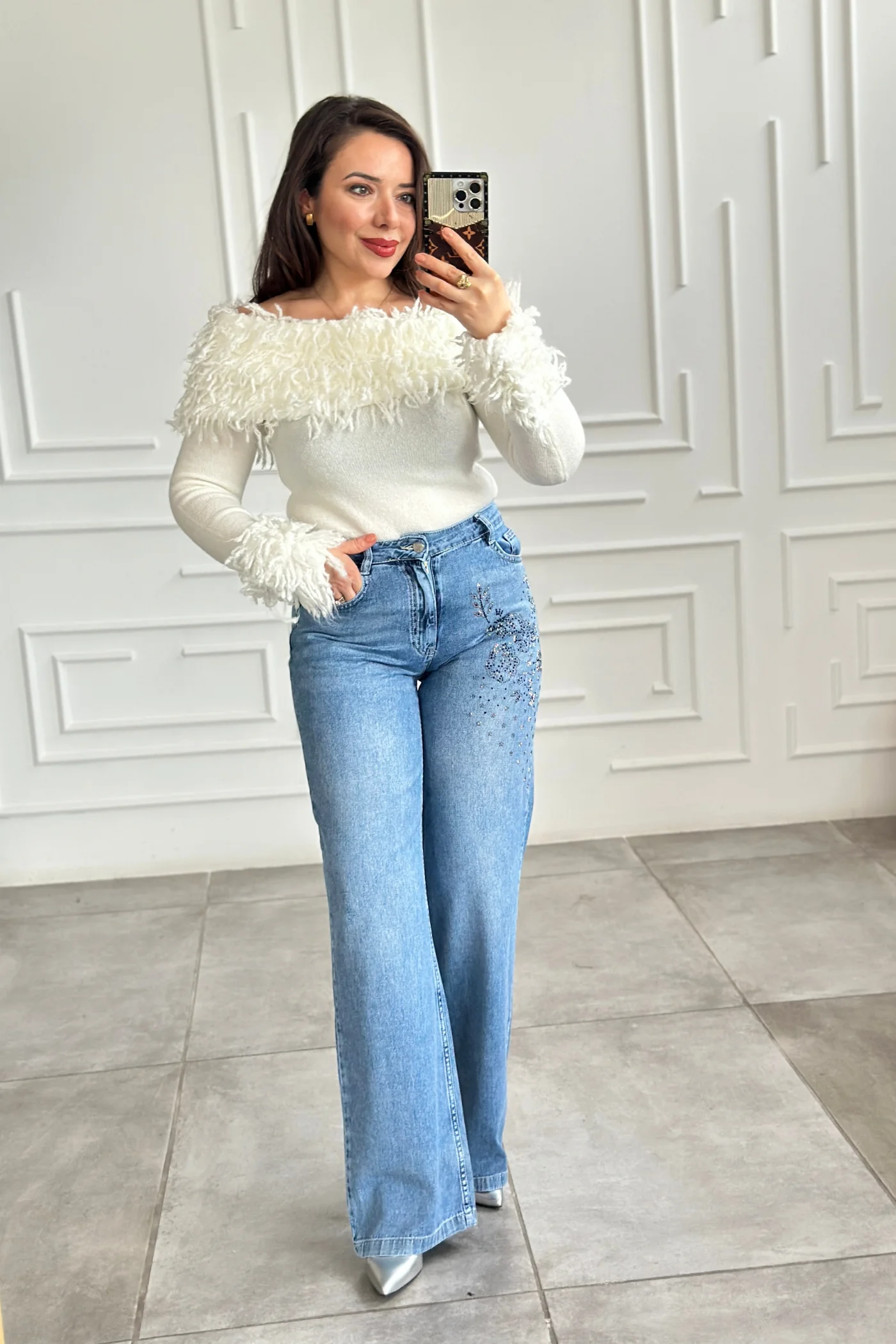 Ön Ve Arka Cebi Taş Detaylı Palazzo Kot Pantolon