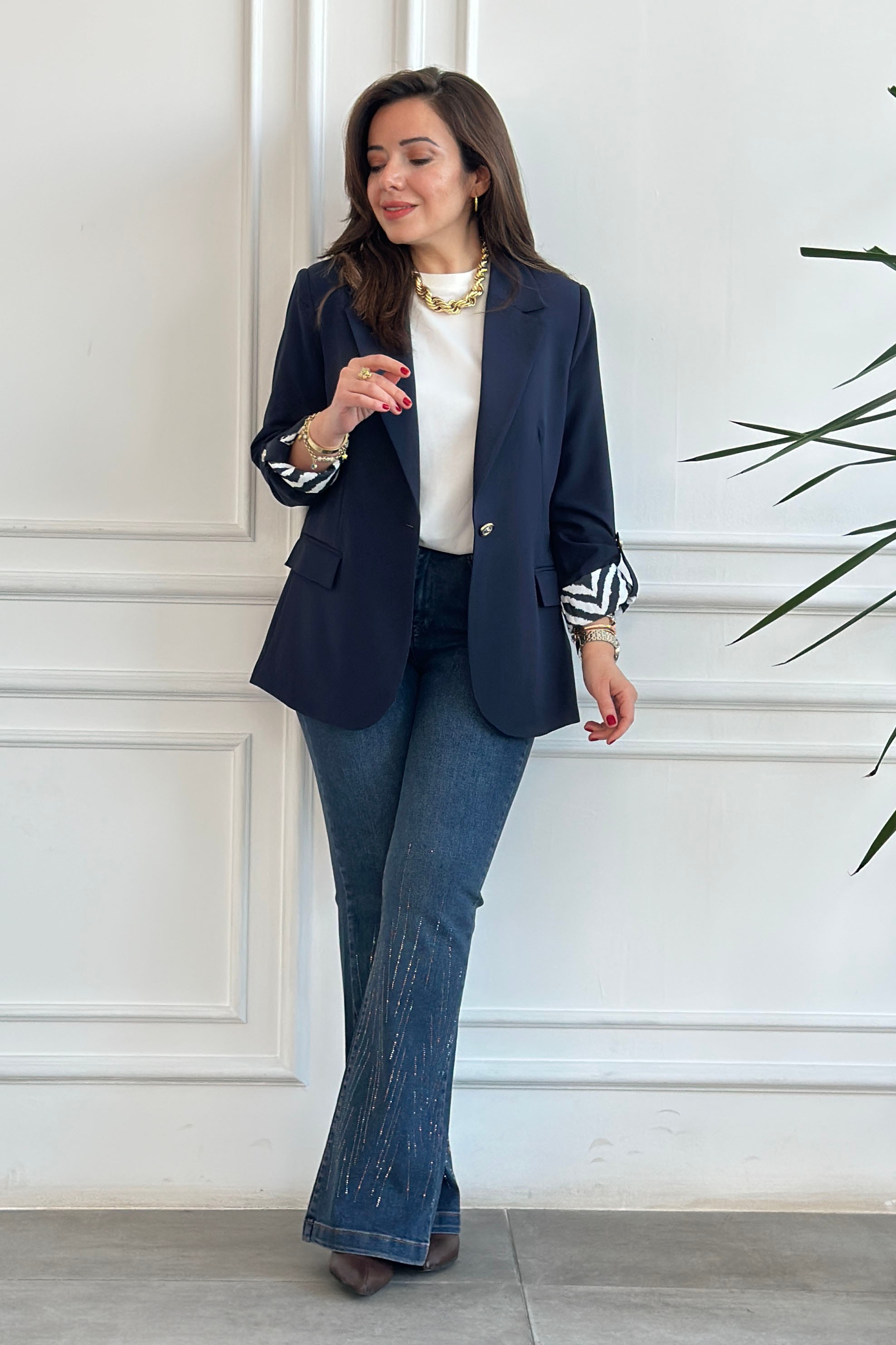 Yarım Astarlı Zebra Garnili Blazer Ceket - LACIVERT