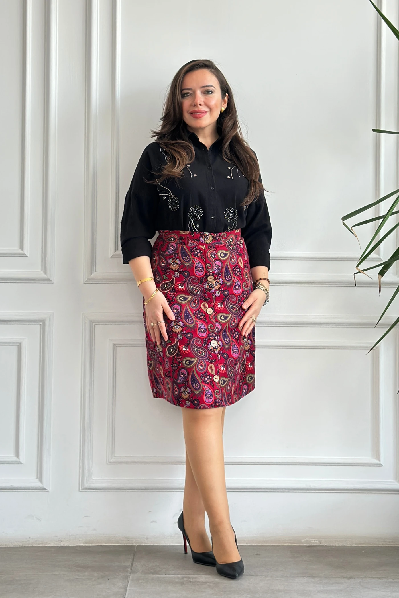 Önü Süs Düğme Detaylı Pazen Çan Etek - FUSYA MOR