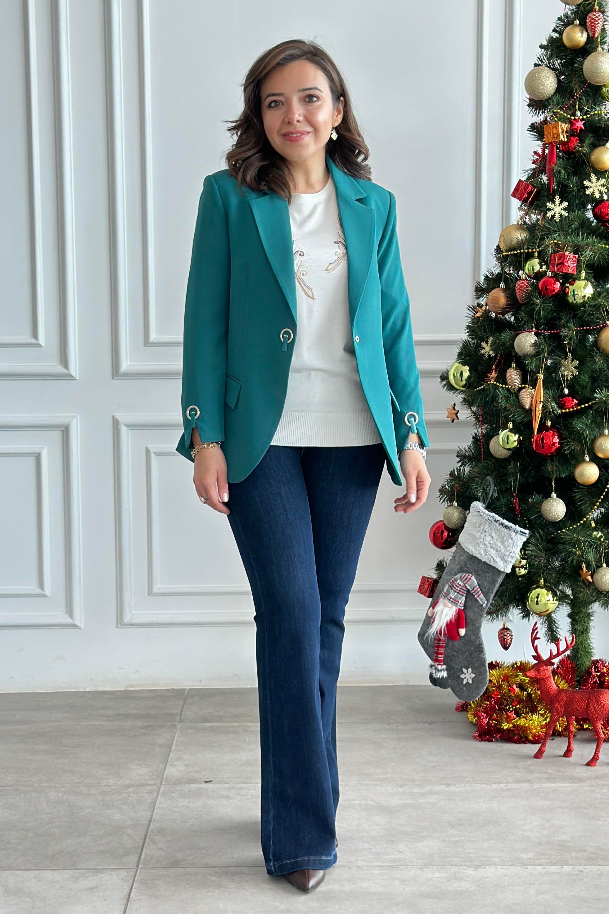 Üç Taşlı Halka Detaylı Çıtçıtlı Blazer Ceket