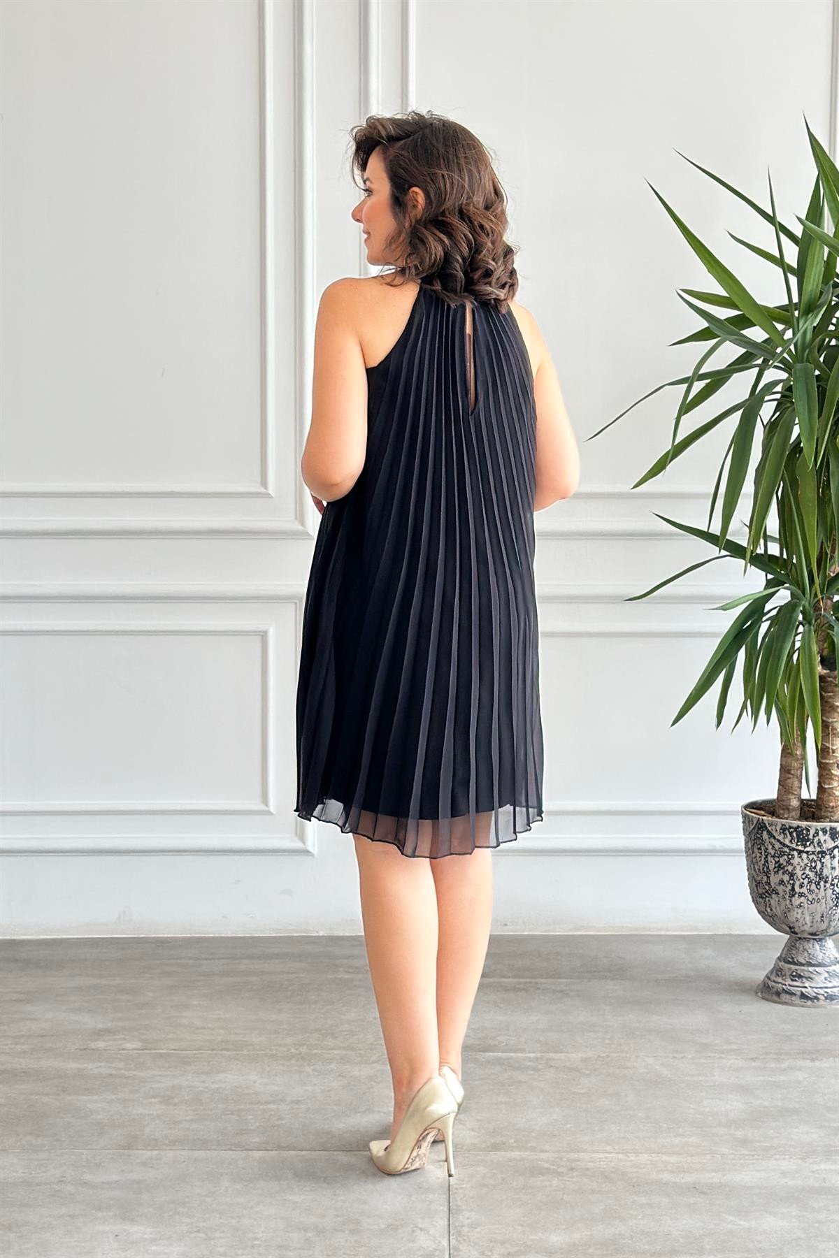 Halter Yaka Piliseli Elbise