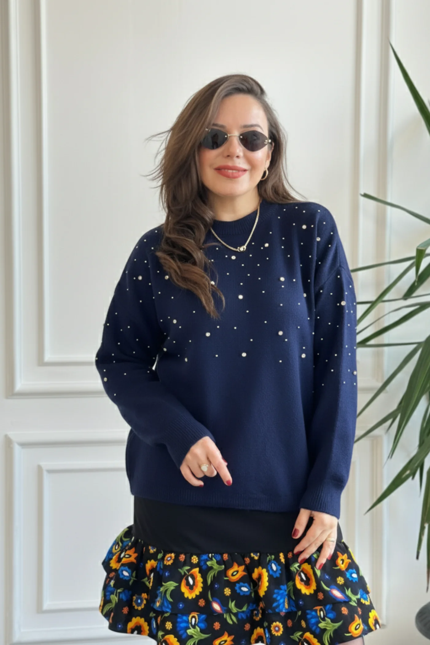 Bisiklet Yaka Taş Detaylı Kazak