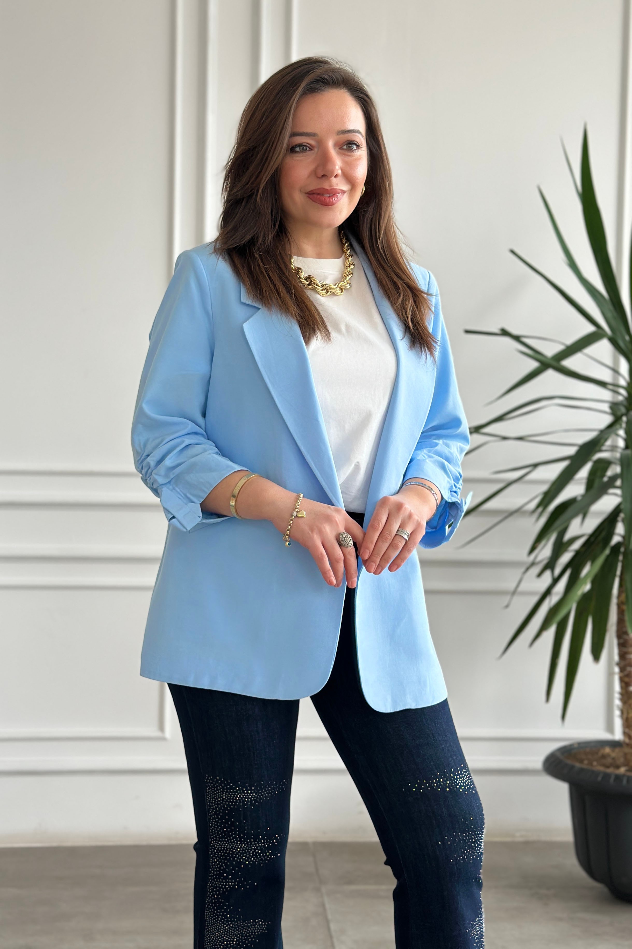 Kolları Büzgülü Blazer Ceket - BUZ MAVI