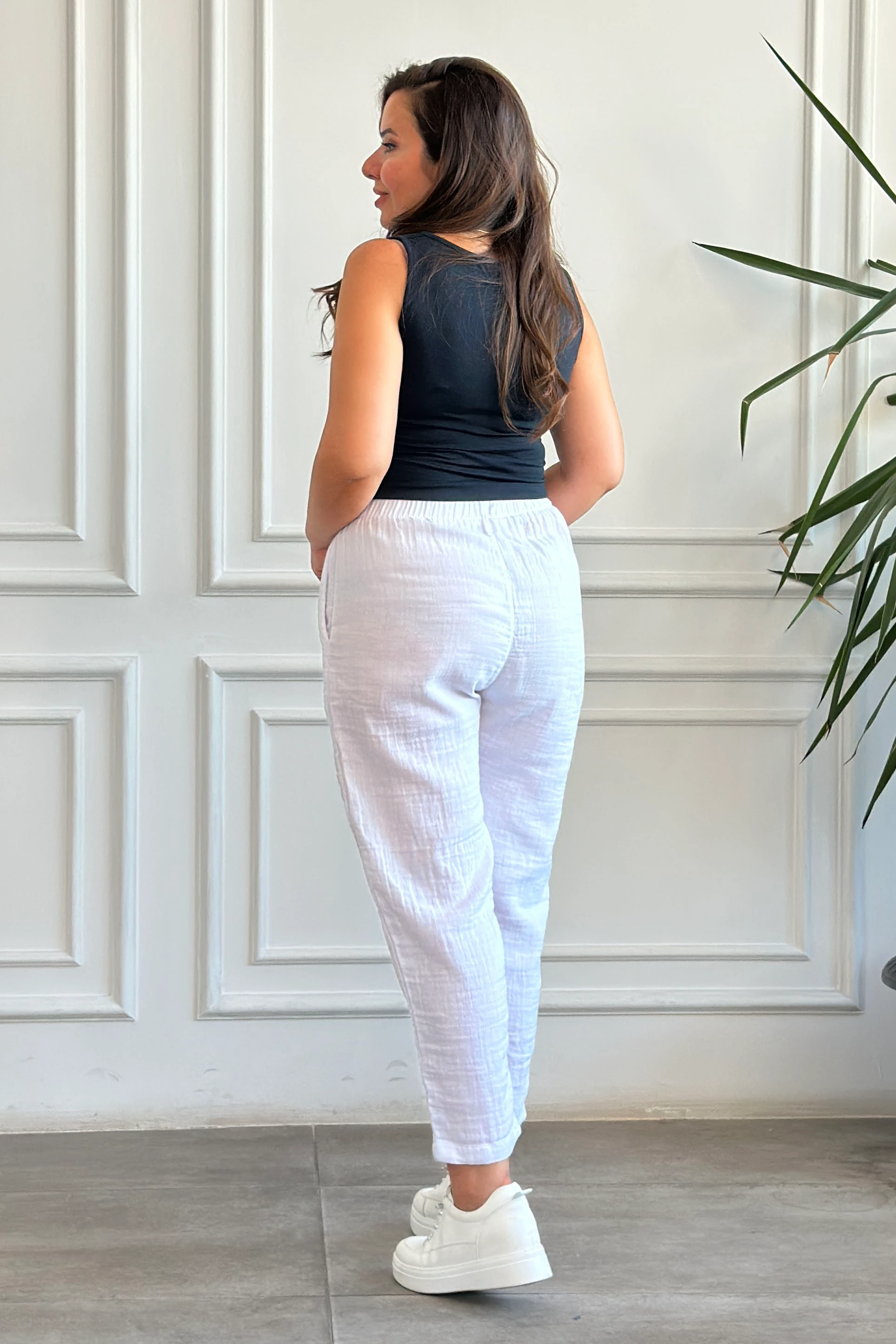 Havuç Paça Müslin Pantolon - BEYAZ