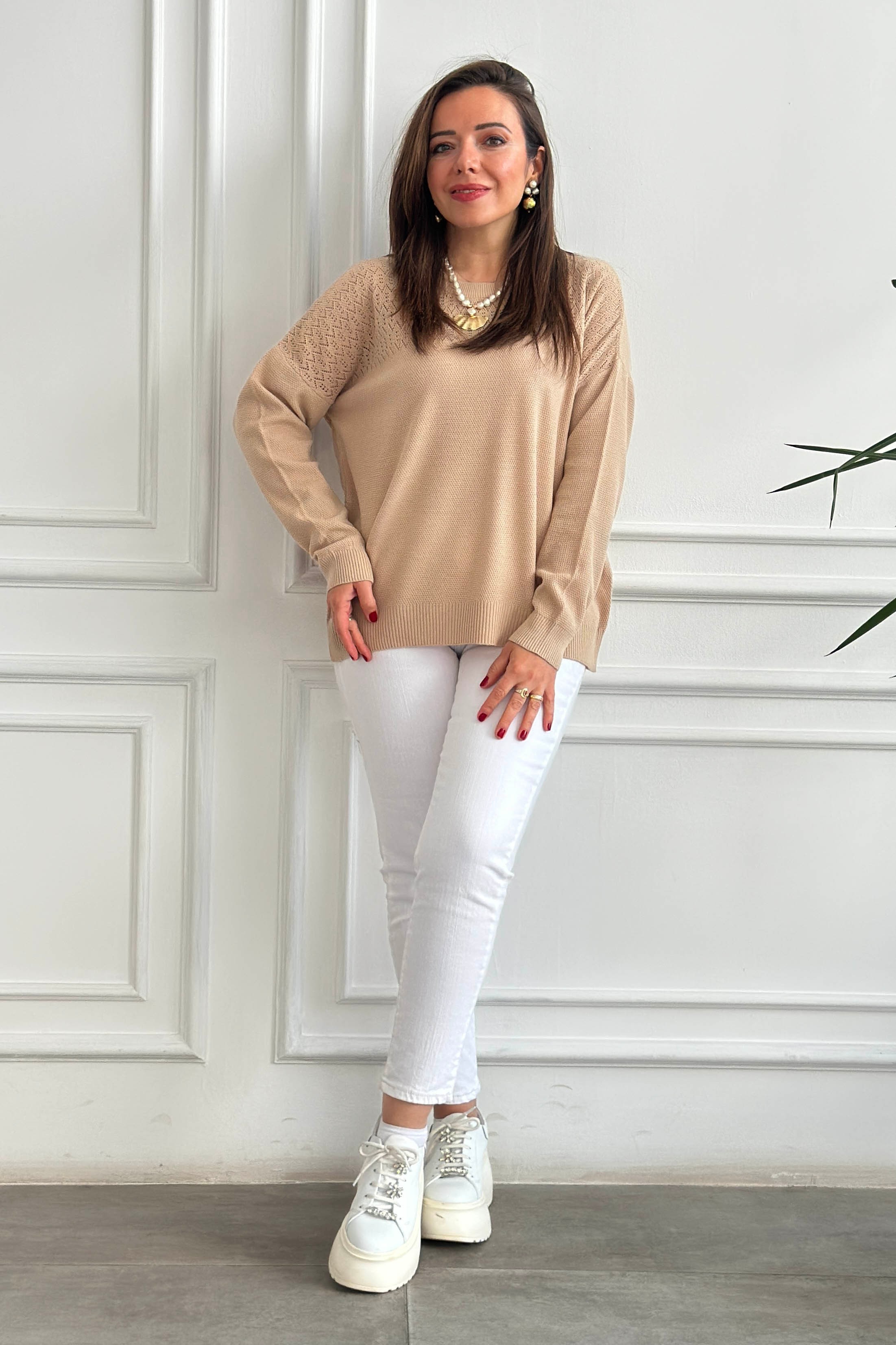 Bisiklet Yaka Zigzag Desenli Triko - CAMEL