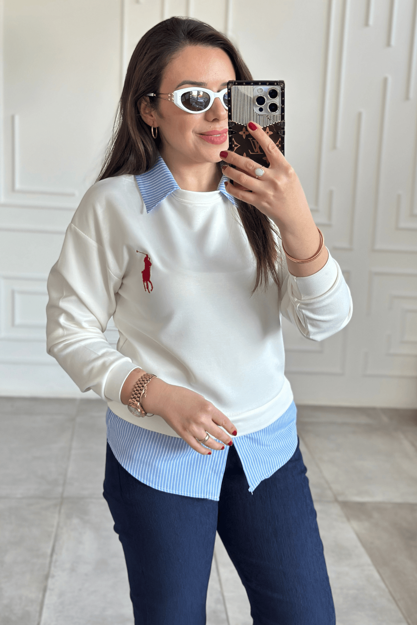 Polo Yaka Çizgili Gömlek Detaylı Sweat