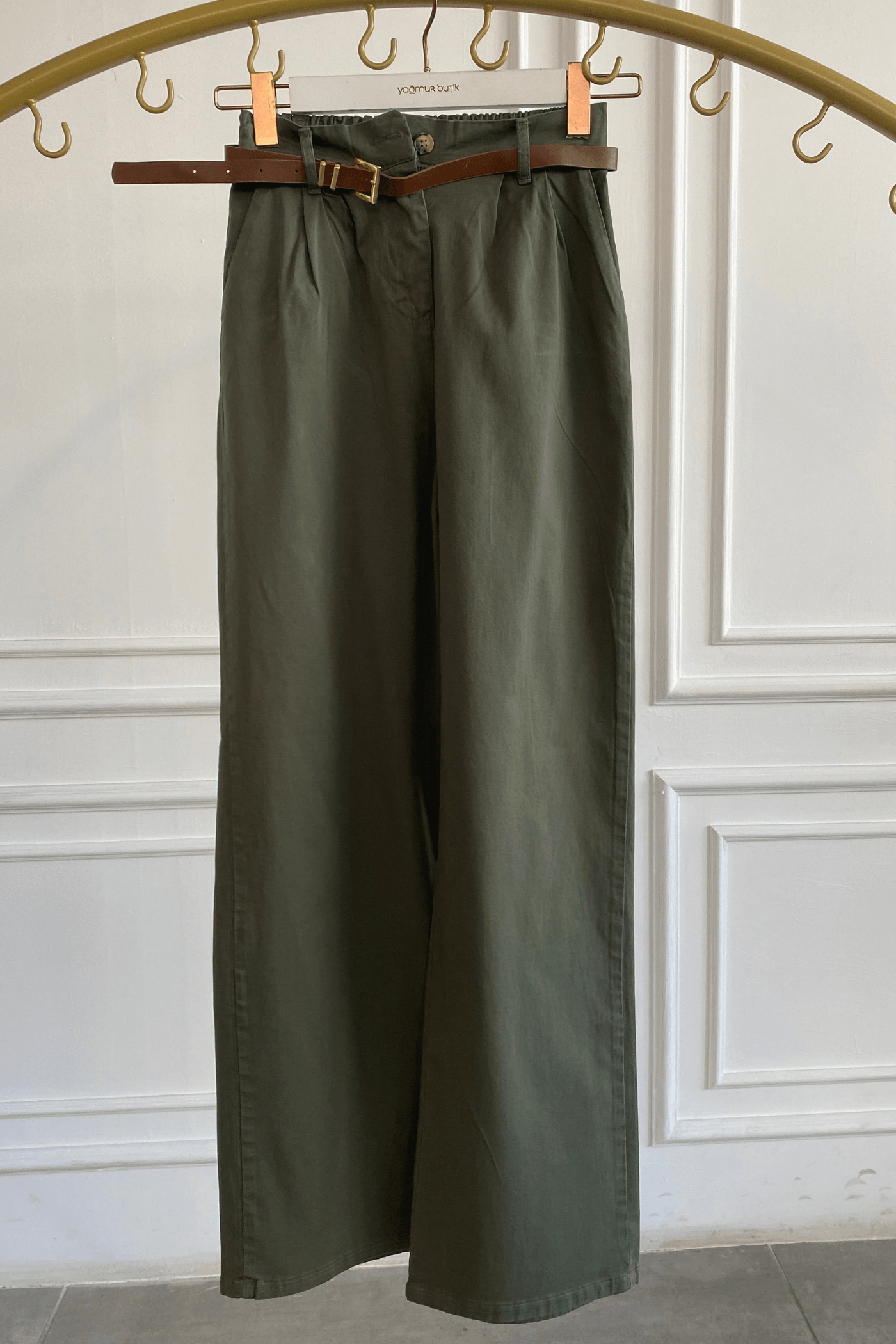 Beli Lastikli Kemerli Bol Paça Pantolon - HAKI