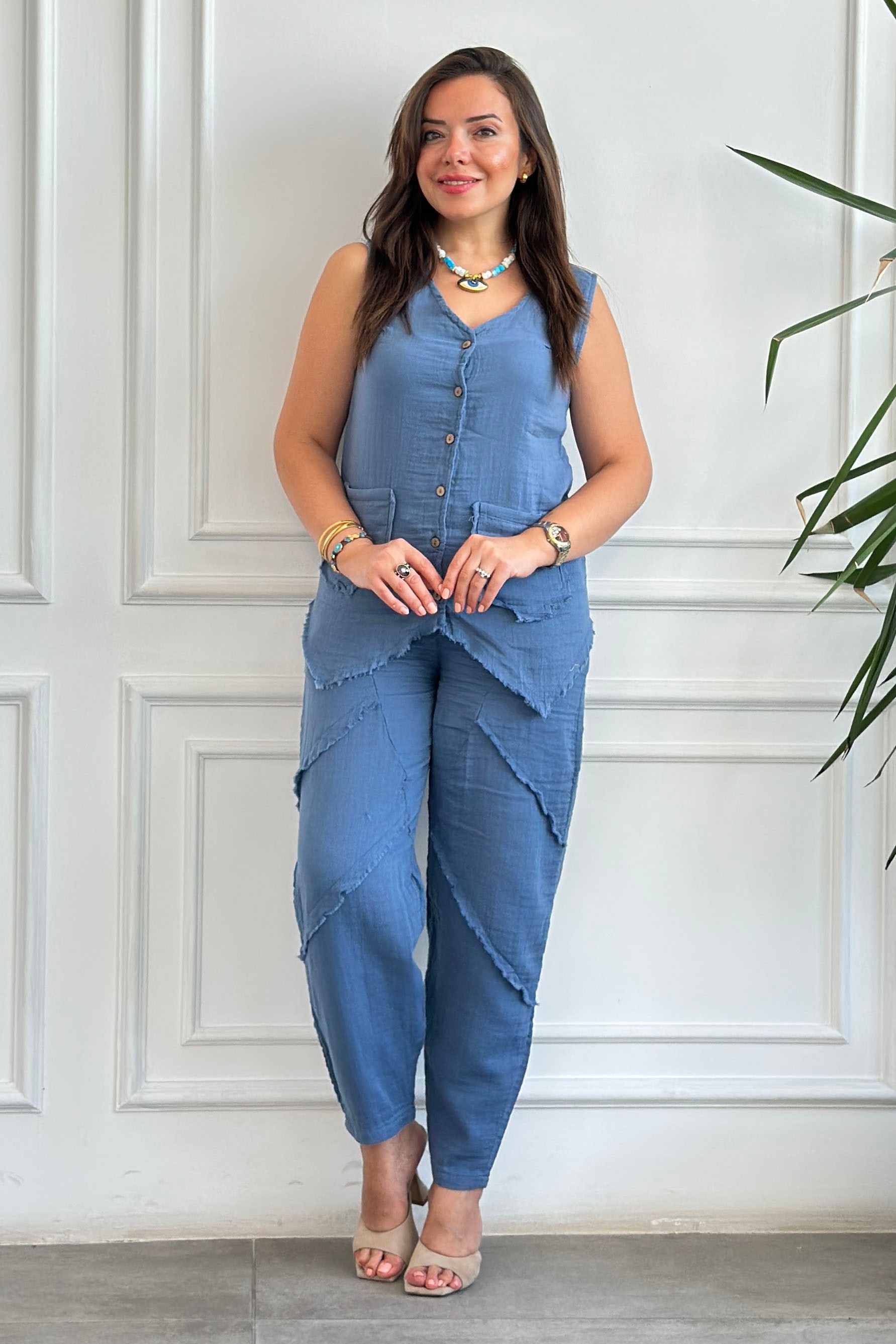 Pis Dikiş Şalvar Müslin Pantolon - INDIGO
