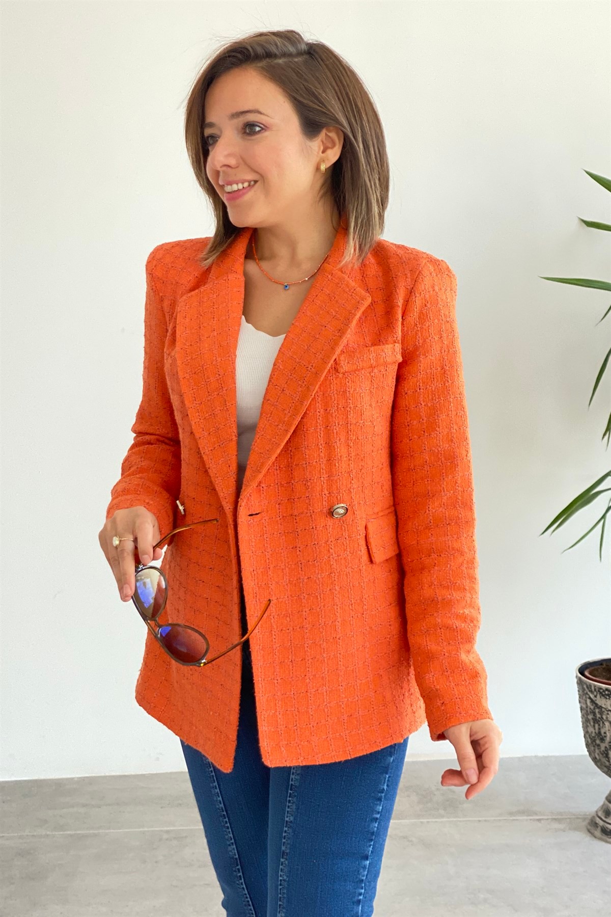 Kendinden Kareli İki Düğme Blazer Ceket