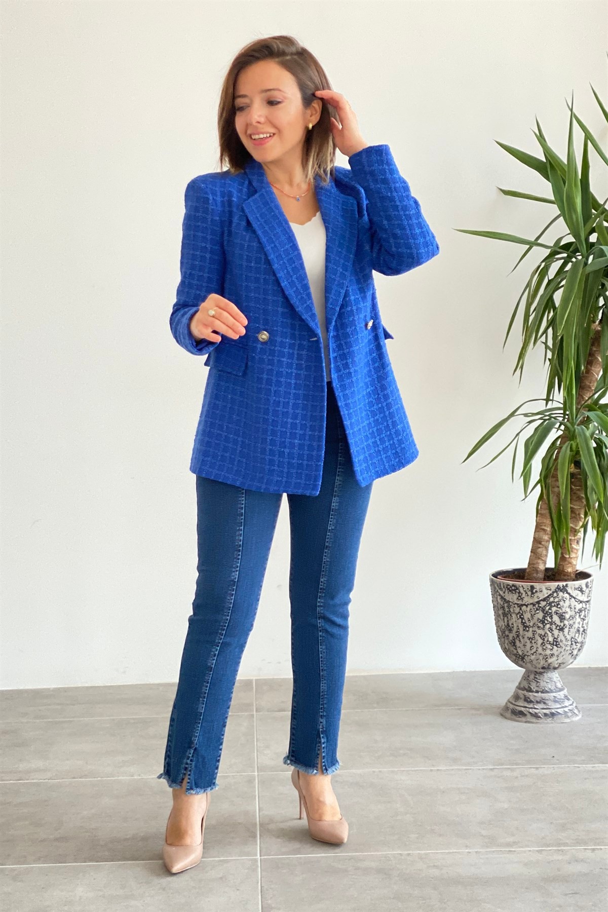 Kendinden Kareli İki Düğme Blazer Ceket