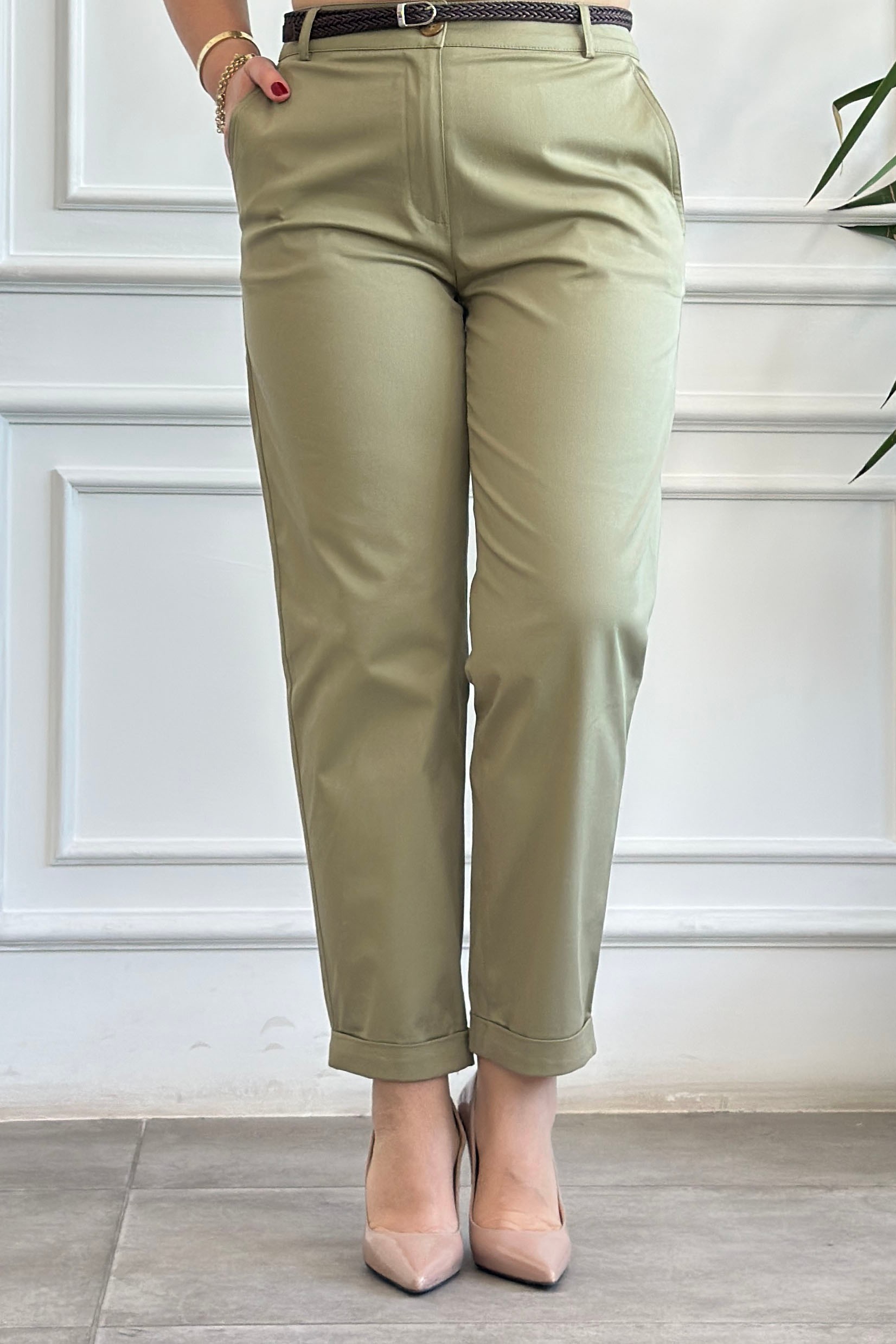Kendinden Kemerli Duble Paça Pantolon - HAKI