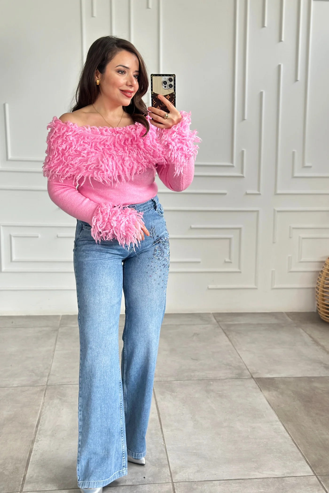 Ön Ve Arka Cebi Taş Detaylı Palazzo Kot Pantolon