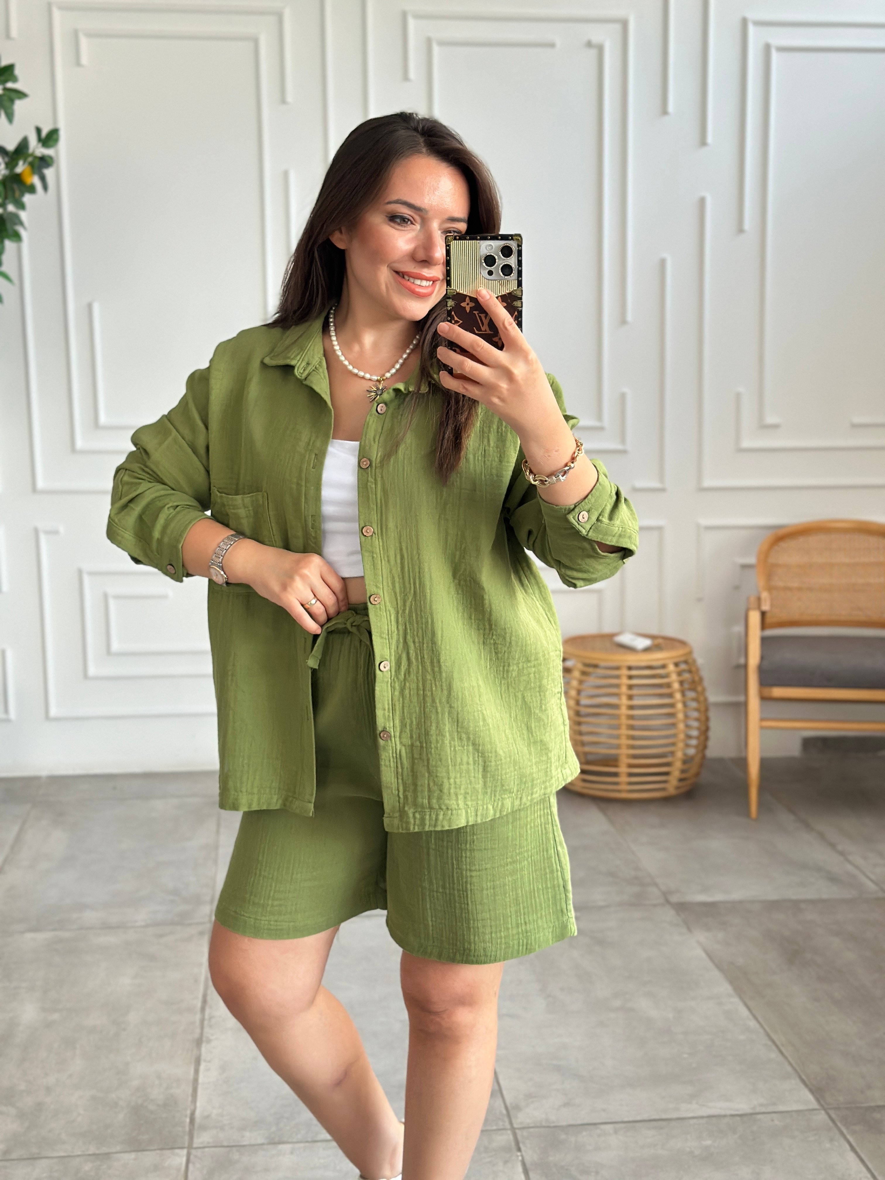 Müslin Polo Yaka Gömlek - YESIL