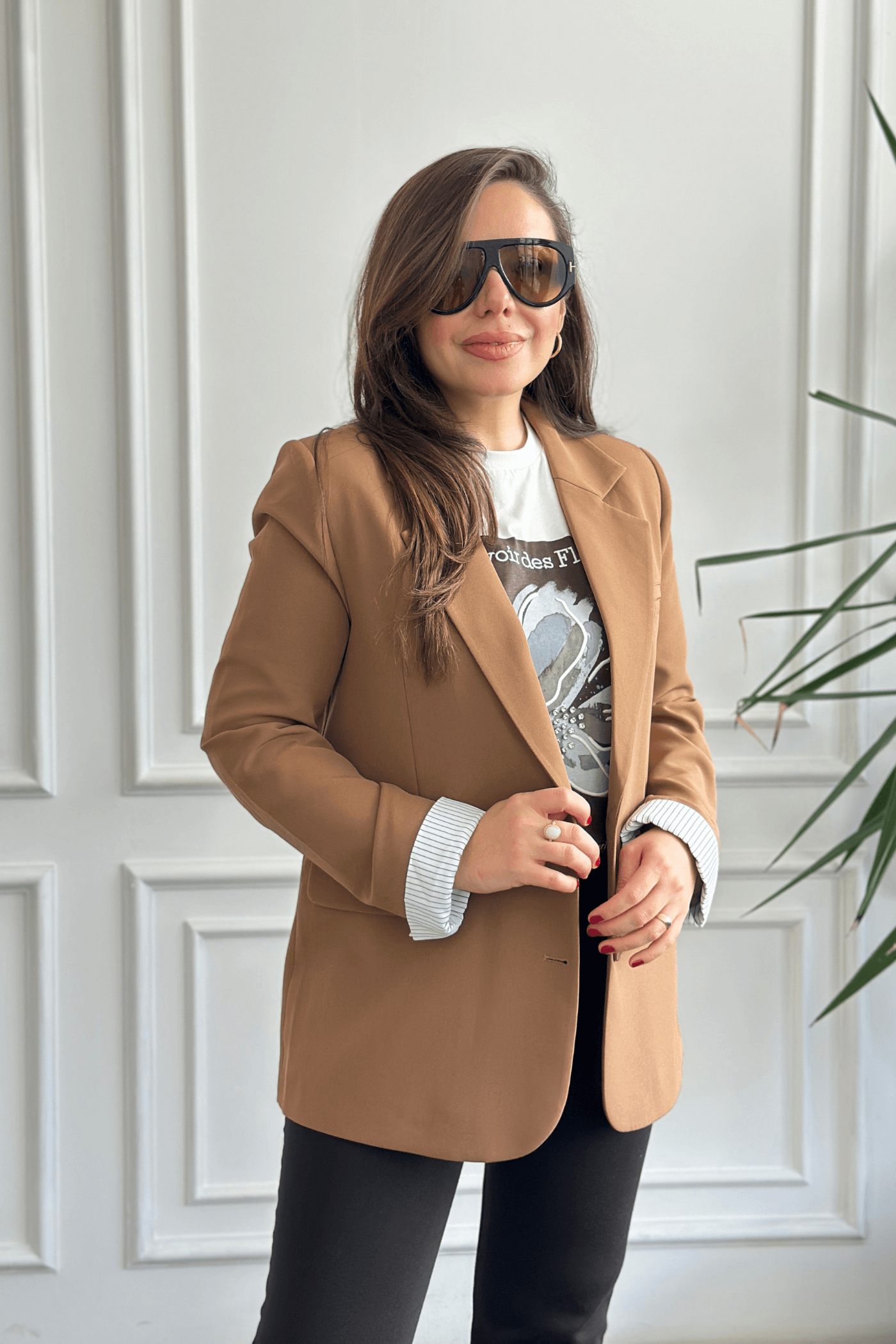 Oversize Çizgi Garnili Blazer Ceket