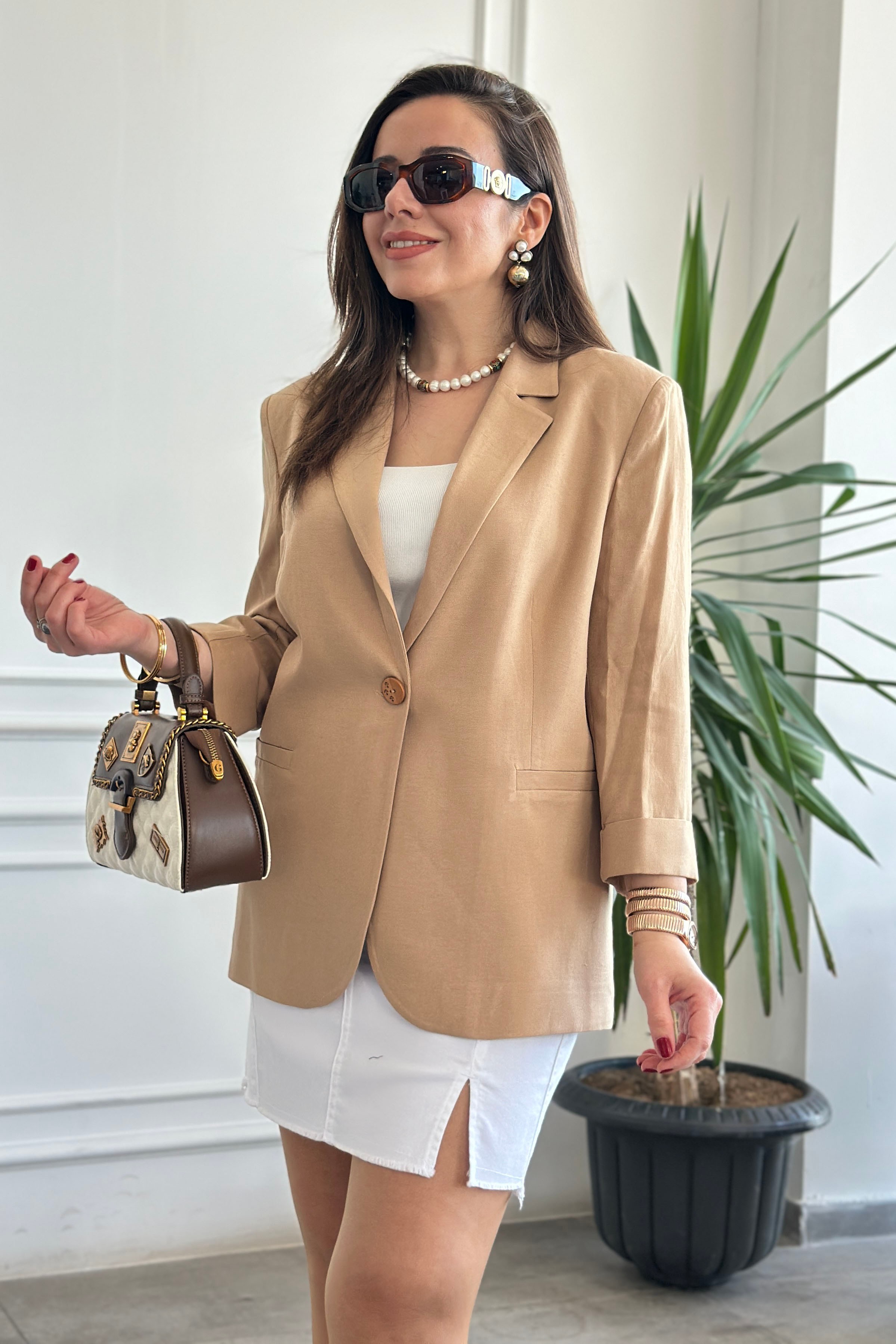 Tek Düğme Detaylı Blazer Ceket - CAMEL