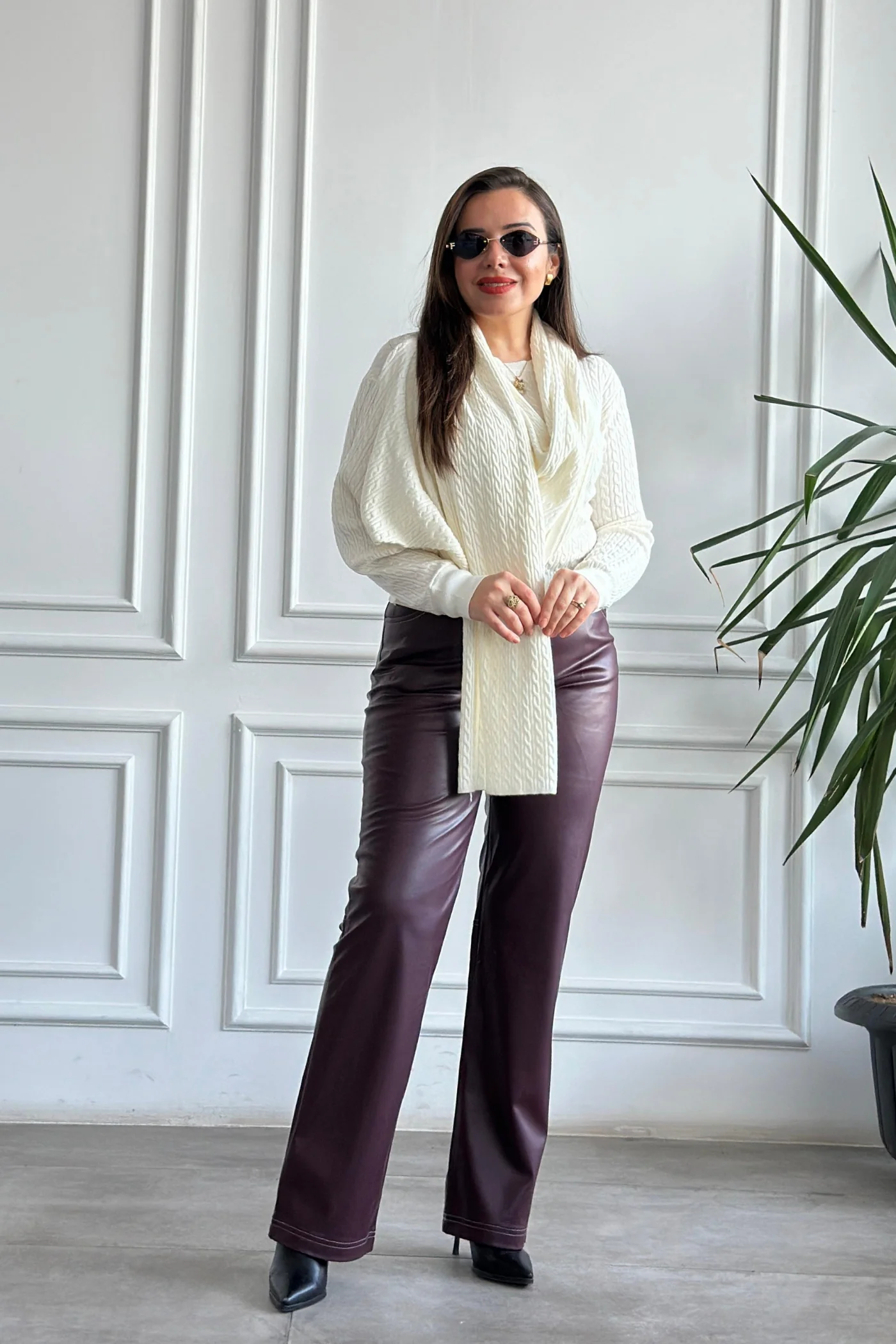 Sıvama Şardonlu Deri Pantolon - BORDO