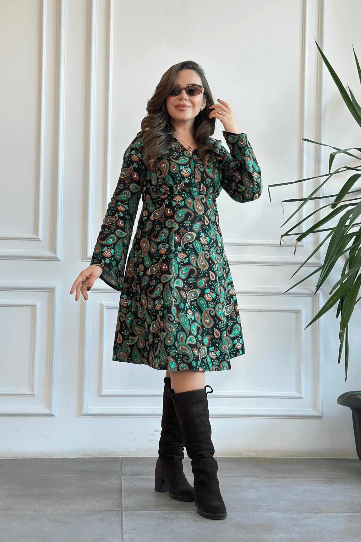 Önden Düğme Detaylı Asimetrik Kol Elbise - YESIL SIYAH