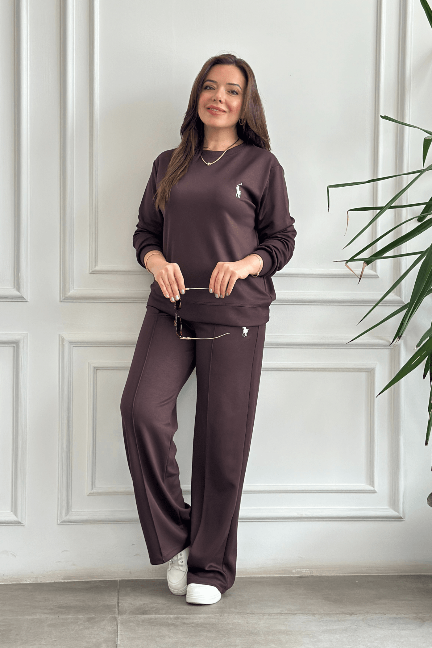 Pantolonu Nervür Dikişli Düz Takım - KAHVERENGI