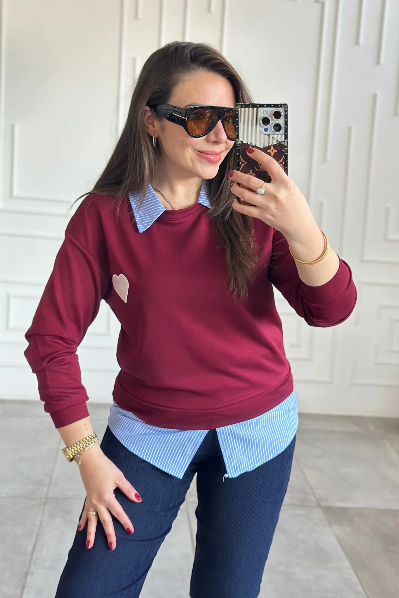 Polo Yaka Çizgili Gömlek Detaylı Kalp Nakışlı Sweat