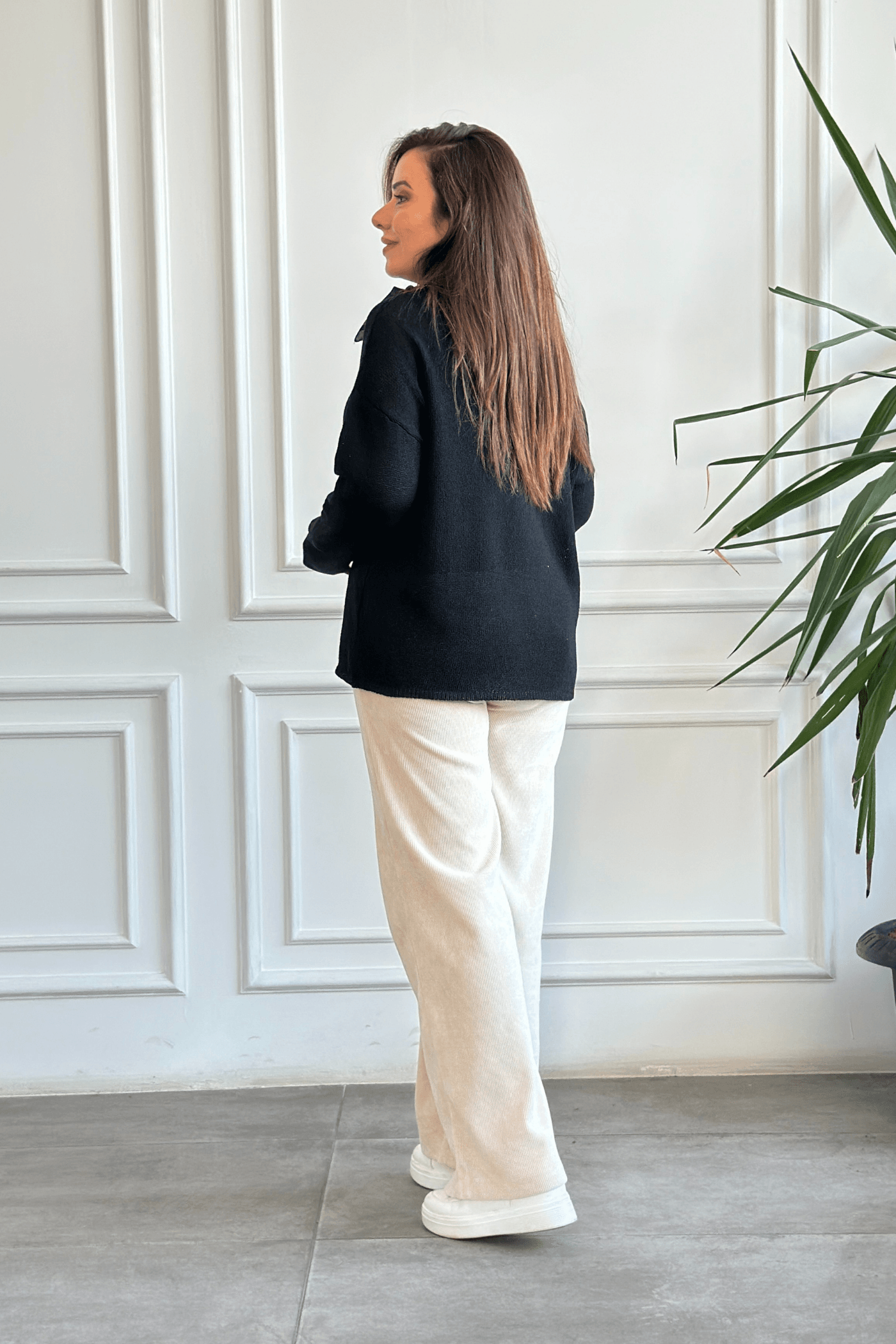 Beli Lastikli Kadife Bol Paça Pantolon - BEJ