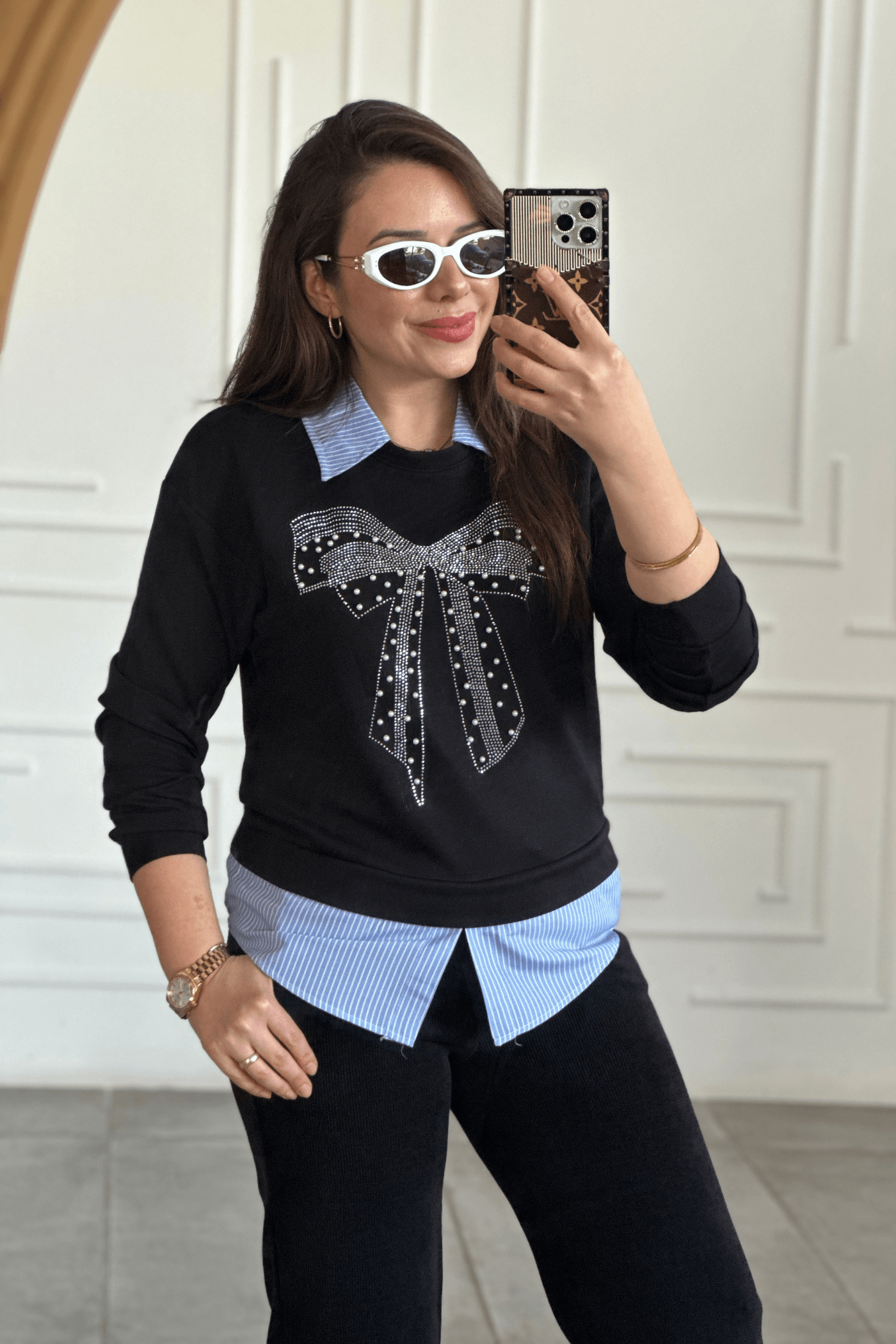 Fiyonk İnci Taş İşlemli Gömlek Detaylı Sweat