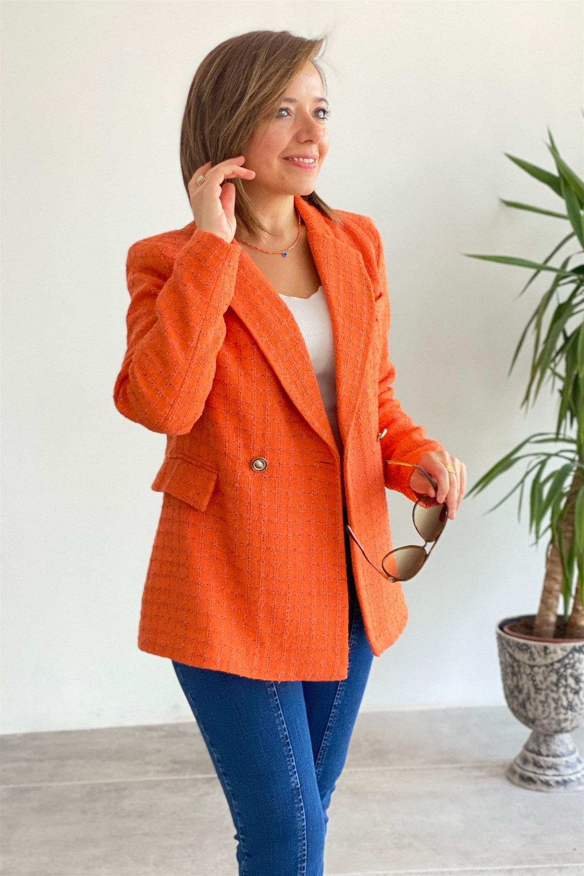 Kendinden Kareli İki Düğme Blazer Ceket
