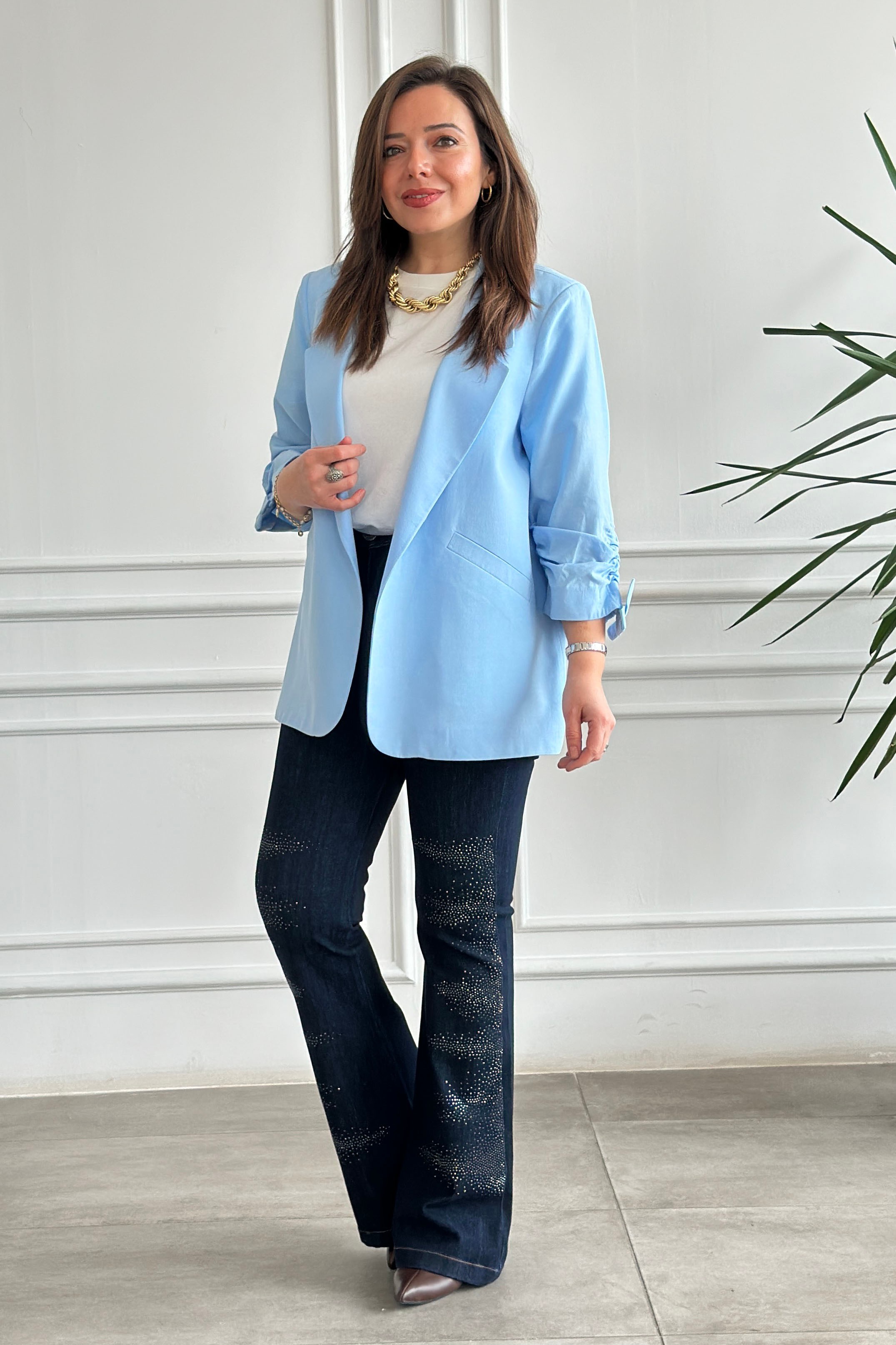 Kolları Büzgülü Blazer Ceket - BUZ MAVI