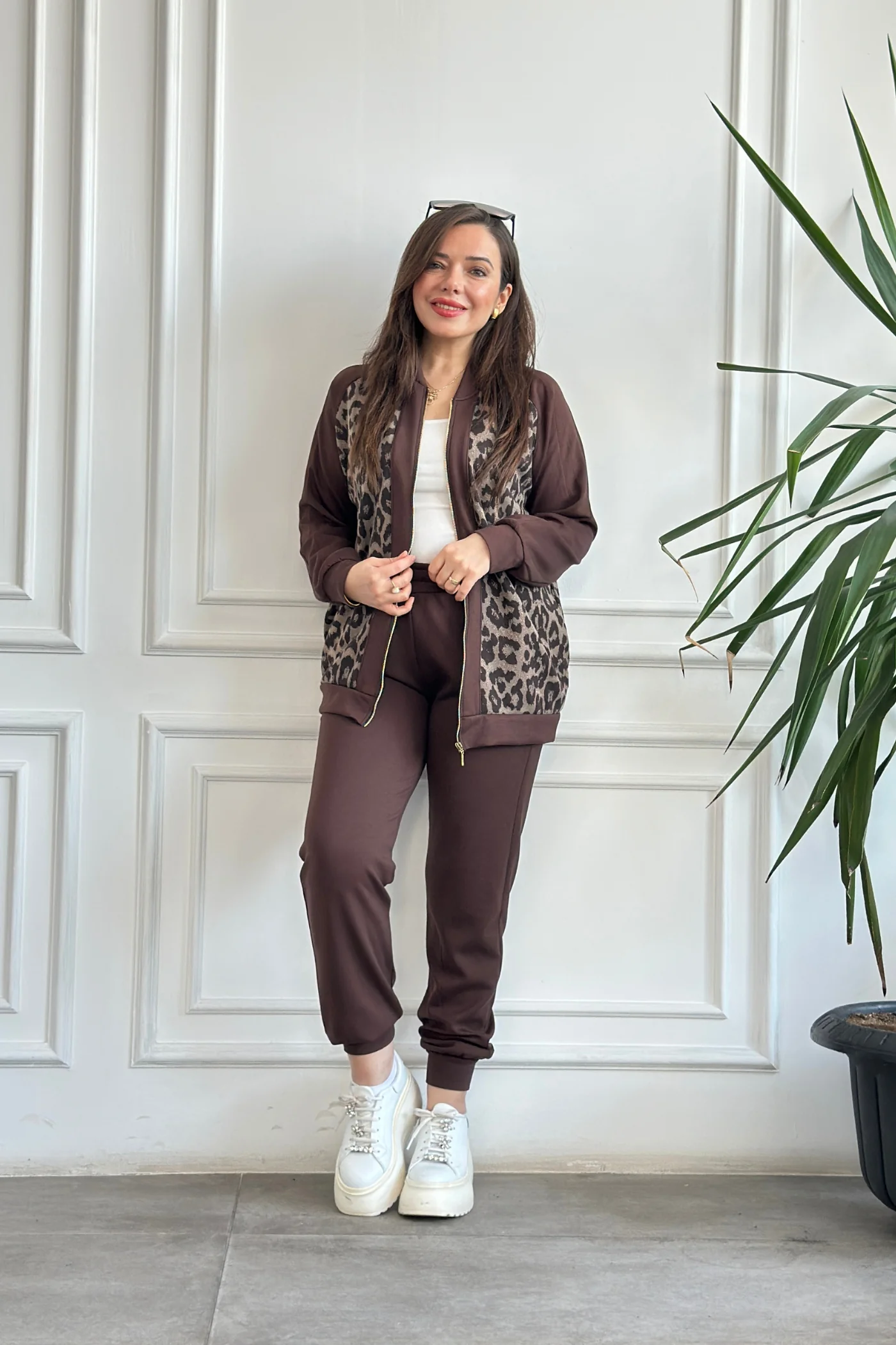 Leopar Detaylı Fermuarlı Eşofman Takımı  - KAHVERENGI