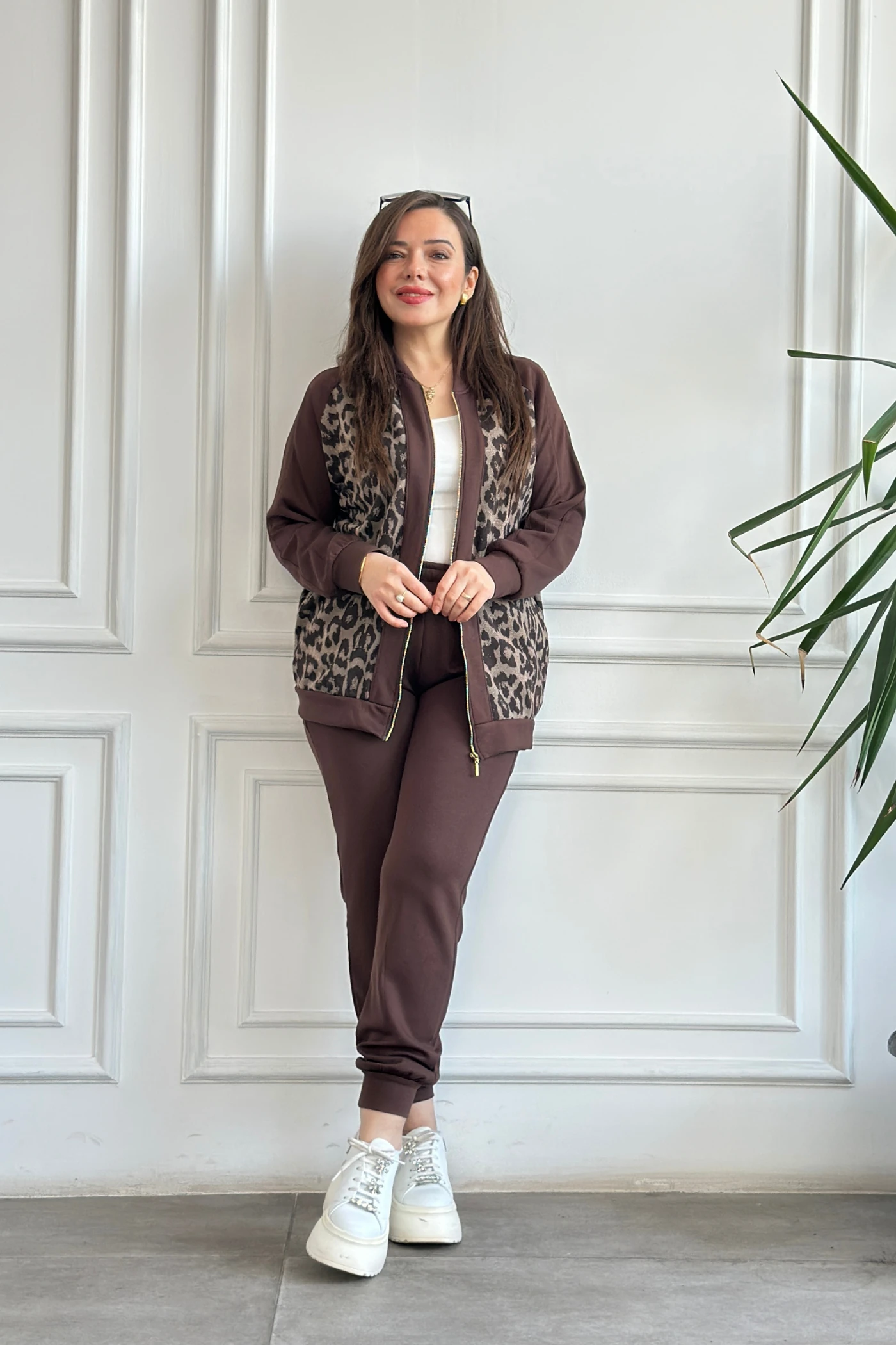 Leopar Detaylı Fermuarlı Eşofman Takımı  - KAHVERENGI