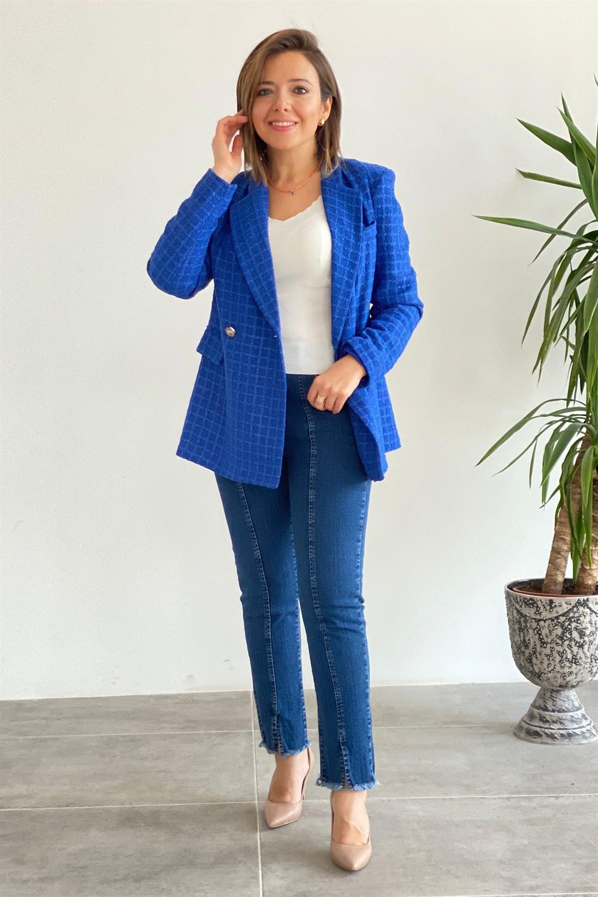Kendinden Kareli İki Düğme Blazer Ceket