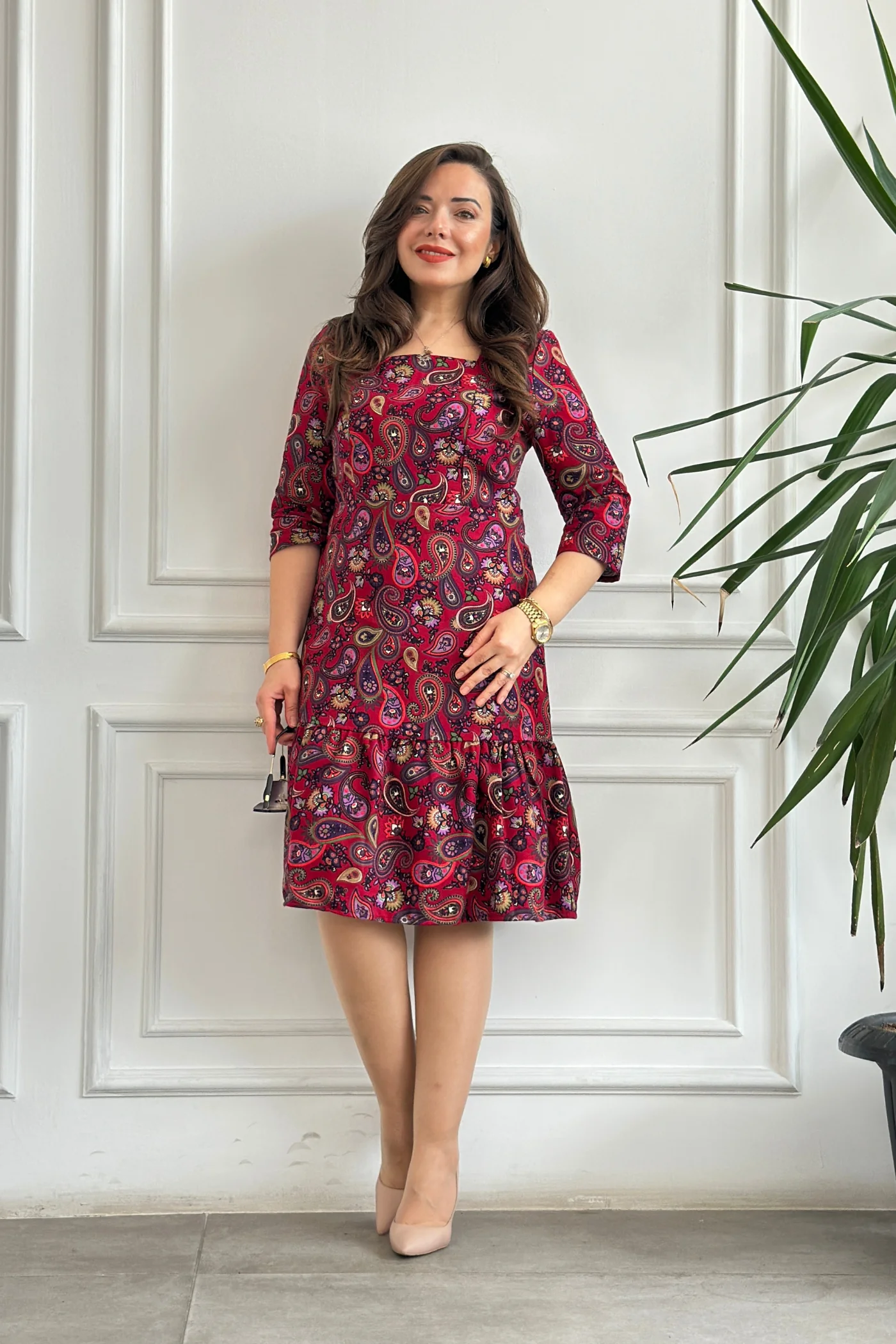 Etek Ucu Fırfırlı Kare Yaka Pazen Elbise - FUSYA MOR