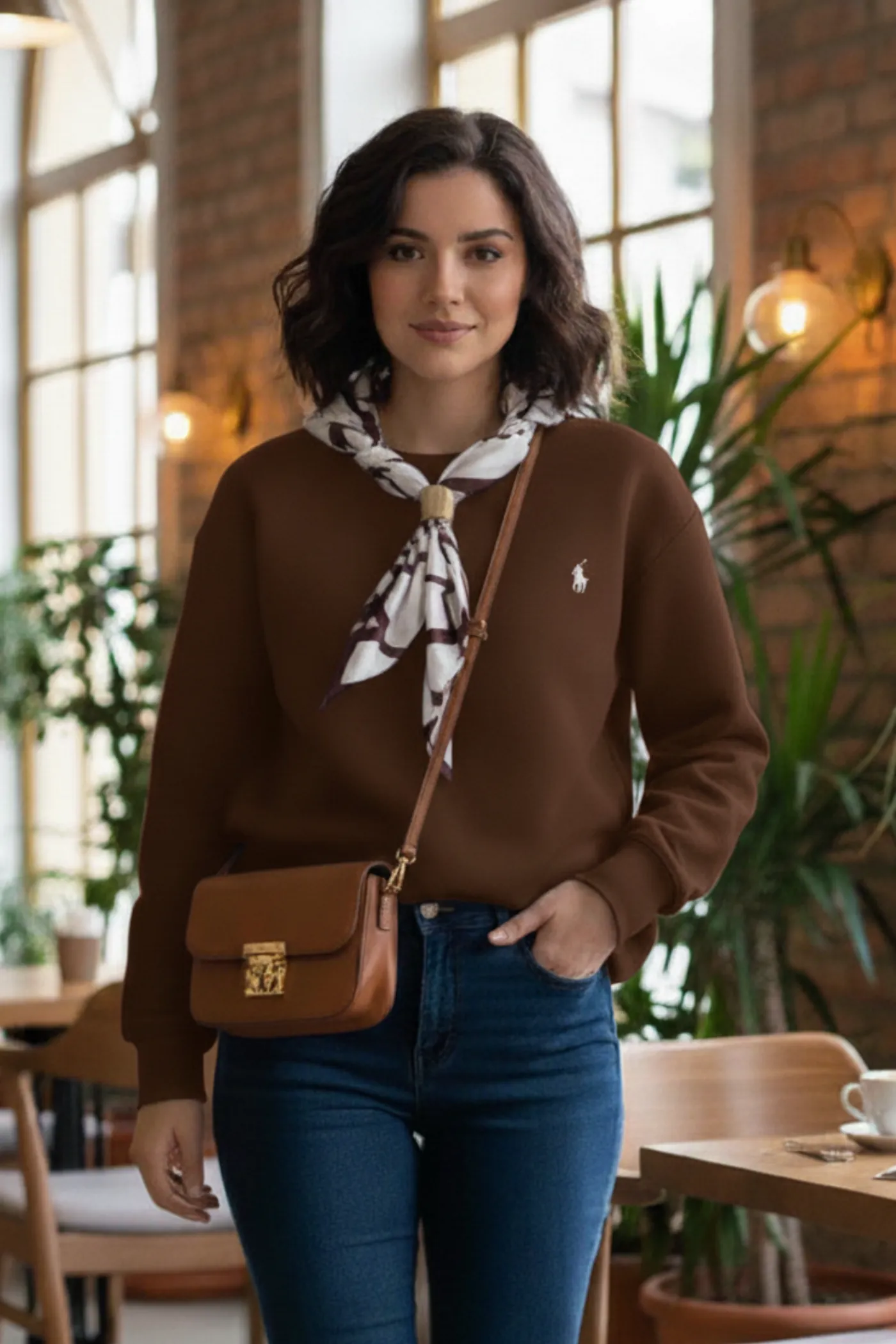 Yakası Fular Detaylı Sweat - KAHVERENGI