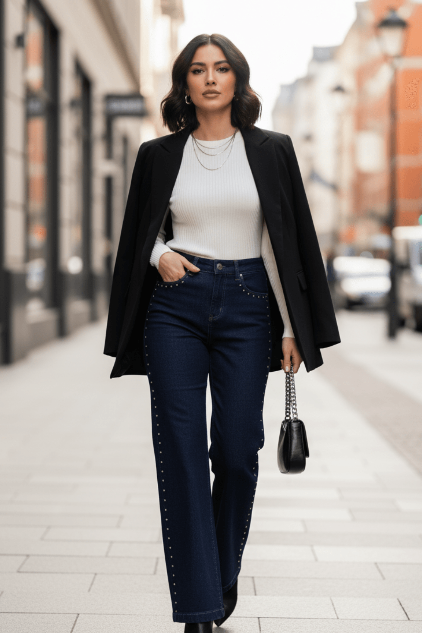 Cep Ve Yanları Drop Taş Detaylı Palazzo Kot Pantolon