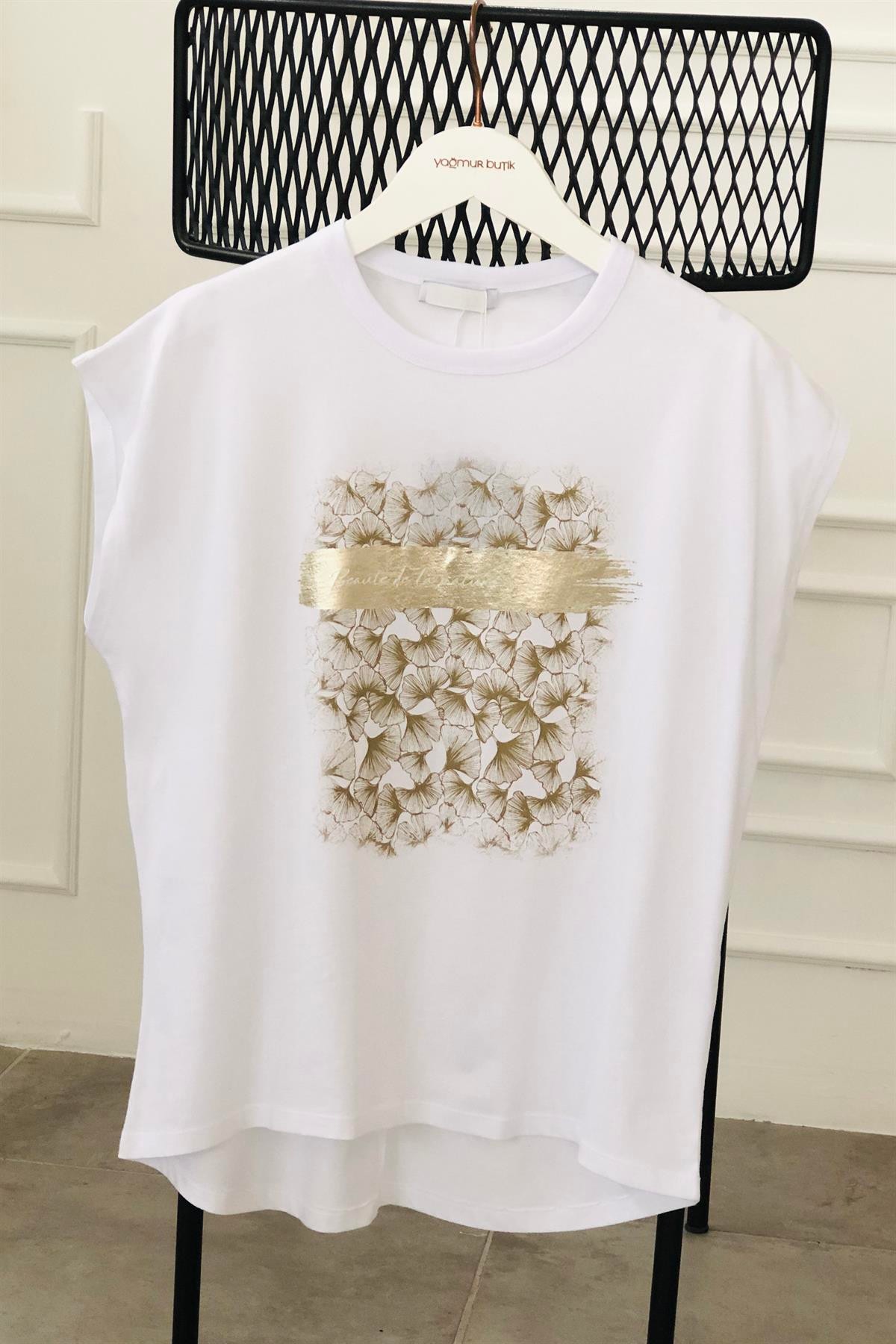 Yaldızlı Yazı Ve Çiçek Detaylı T-Shirt