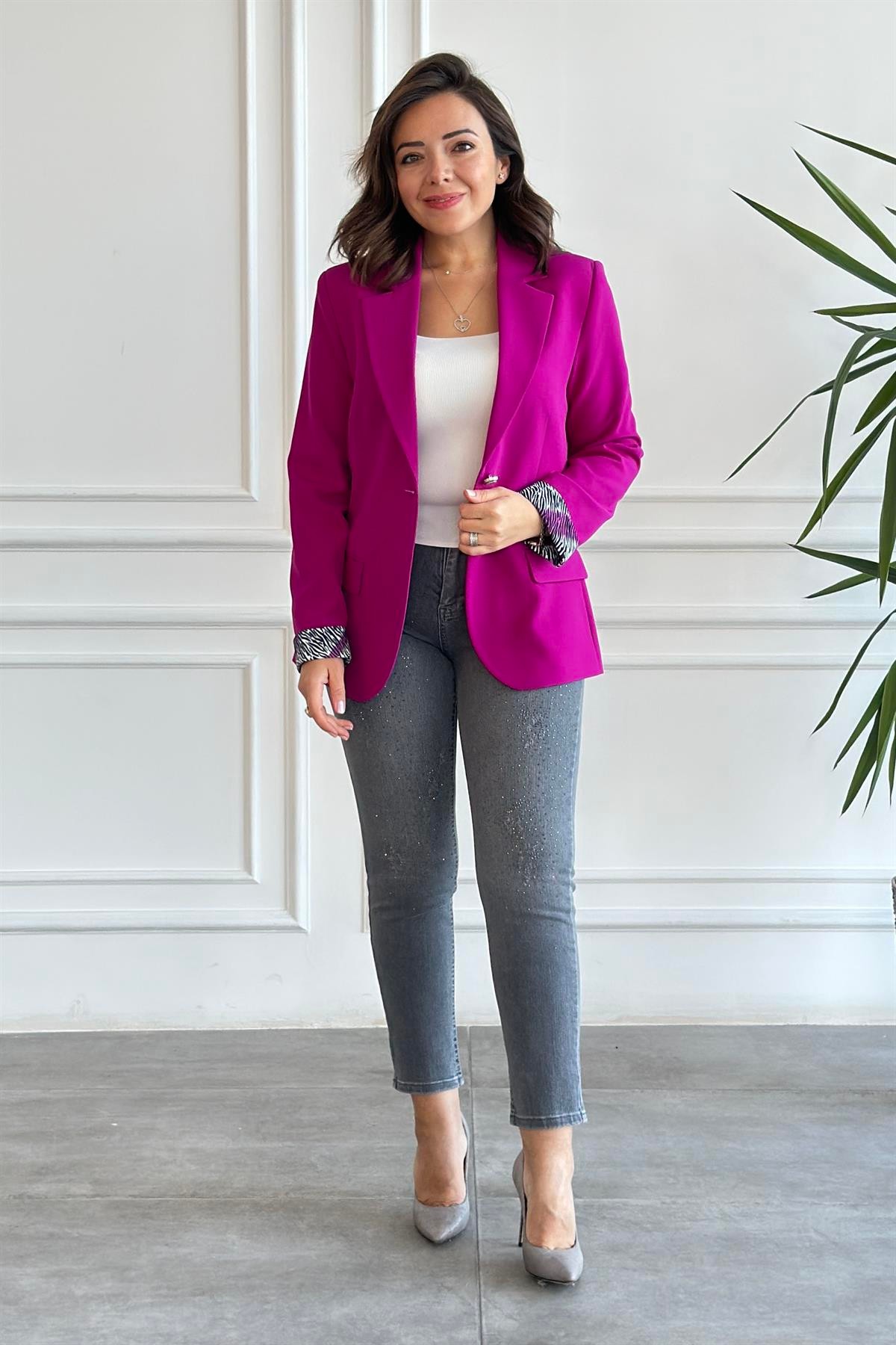 Manşetleri Ve Astarı Zebra Desenli Blazer Ceket