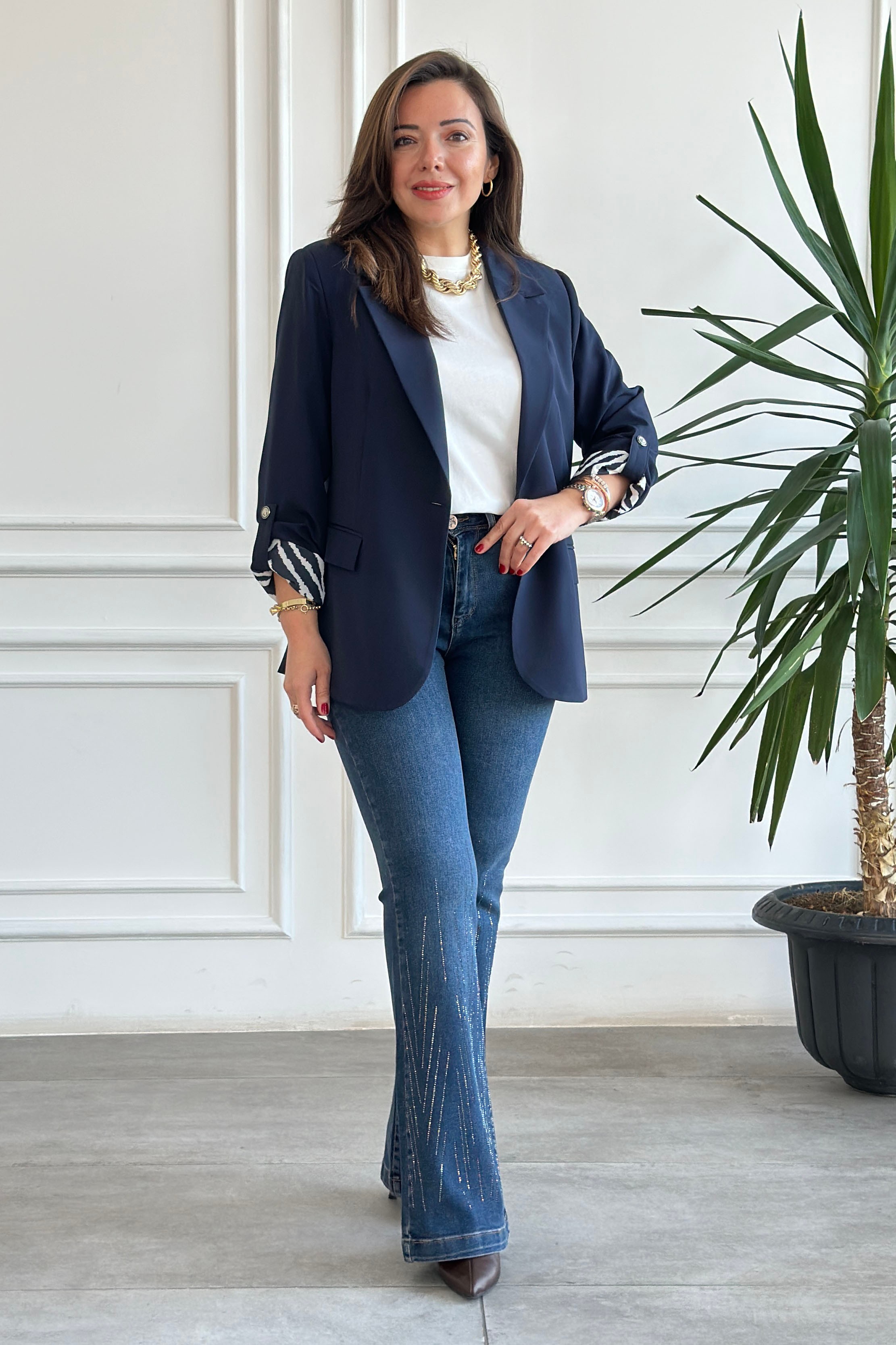 Yarım Astarlı Zebra Garnili Blazer Ceket - LACIVERT