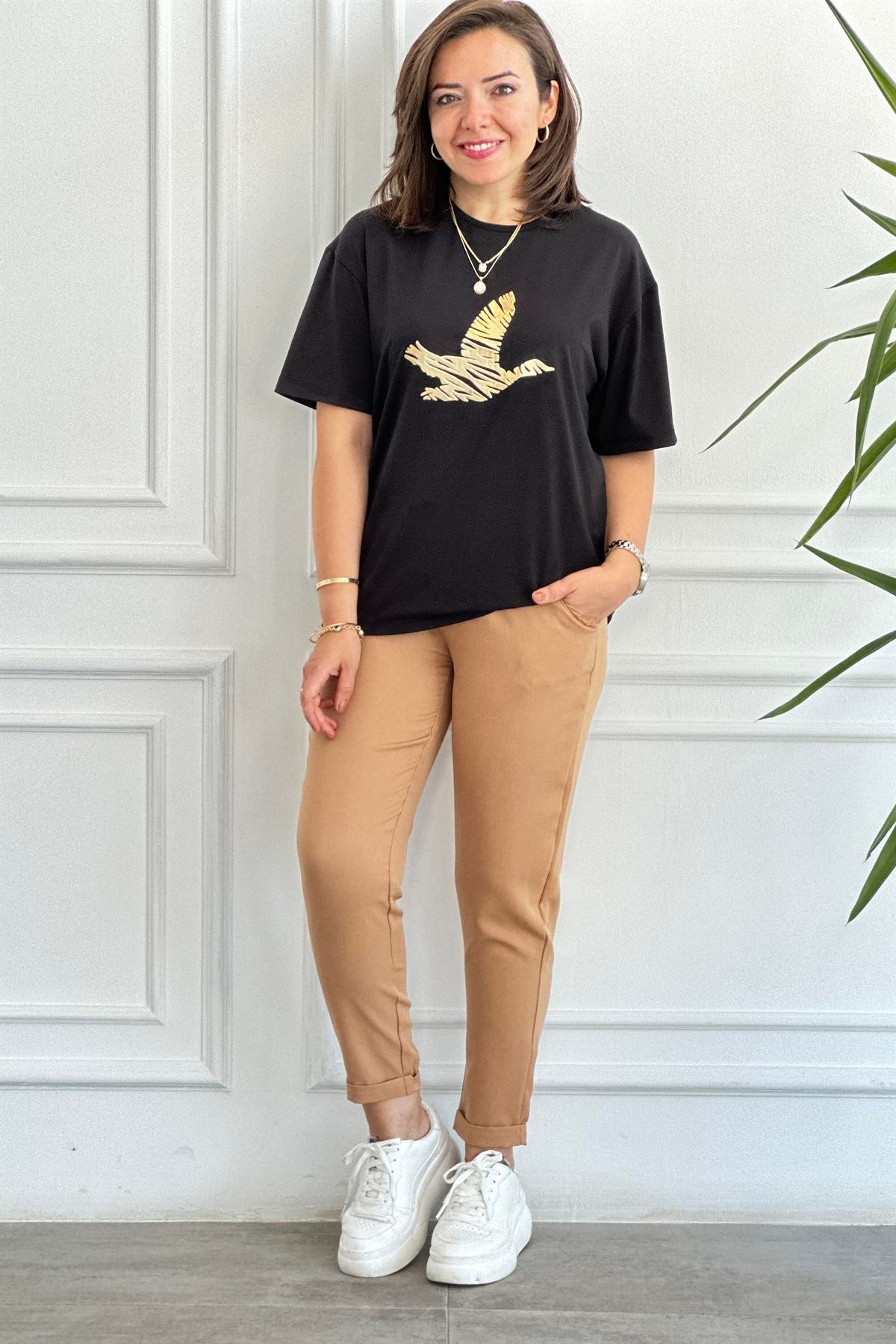 Kuş Baskılı Bisiklet Yaka T-Shirt