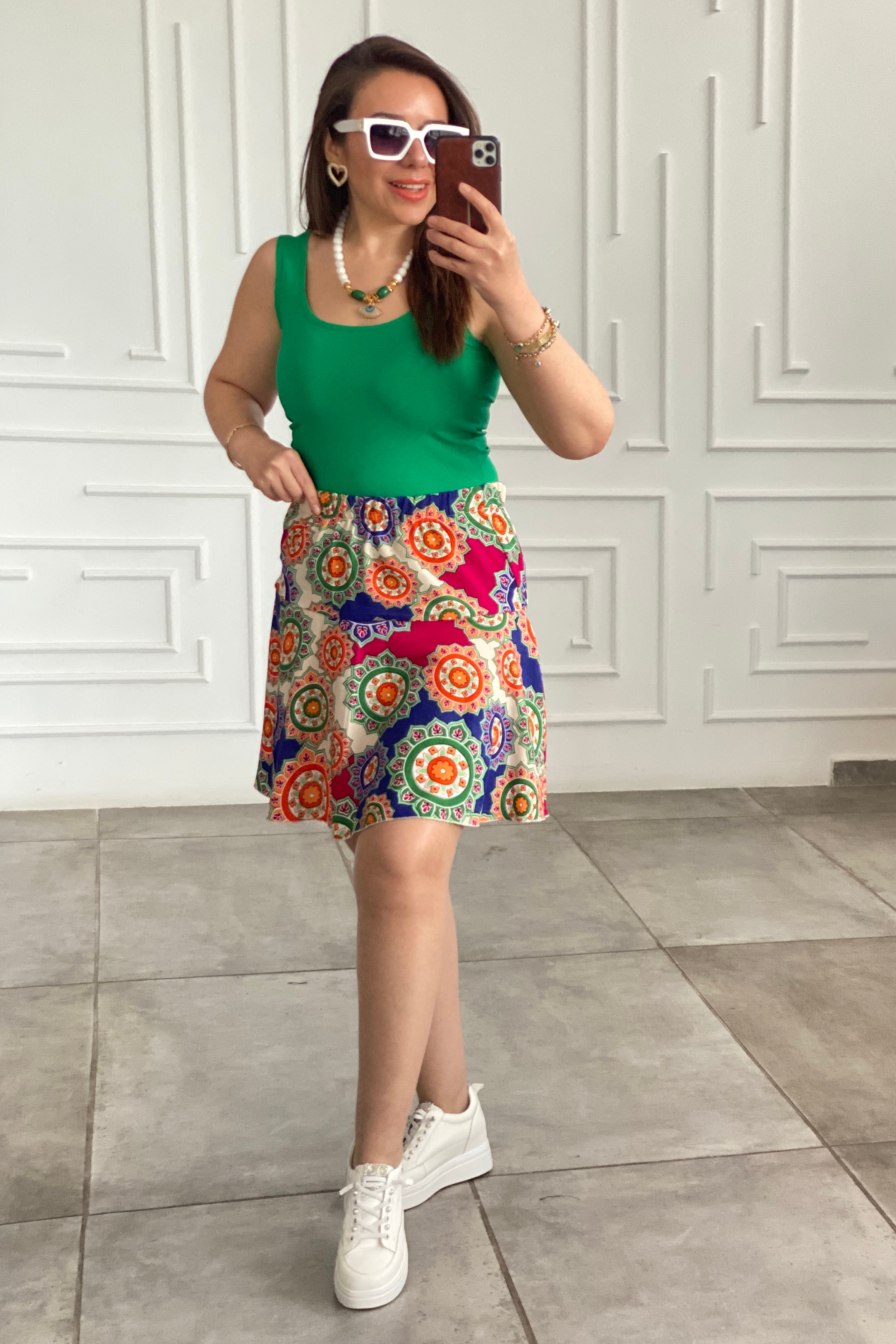 Karışık Desenli Viscon Şort Etek  - FUSYA MANDALA