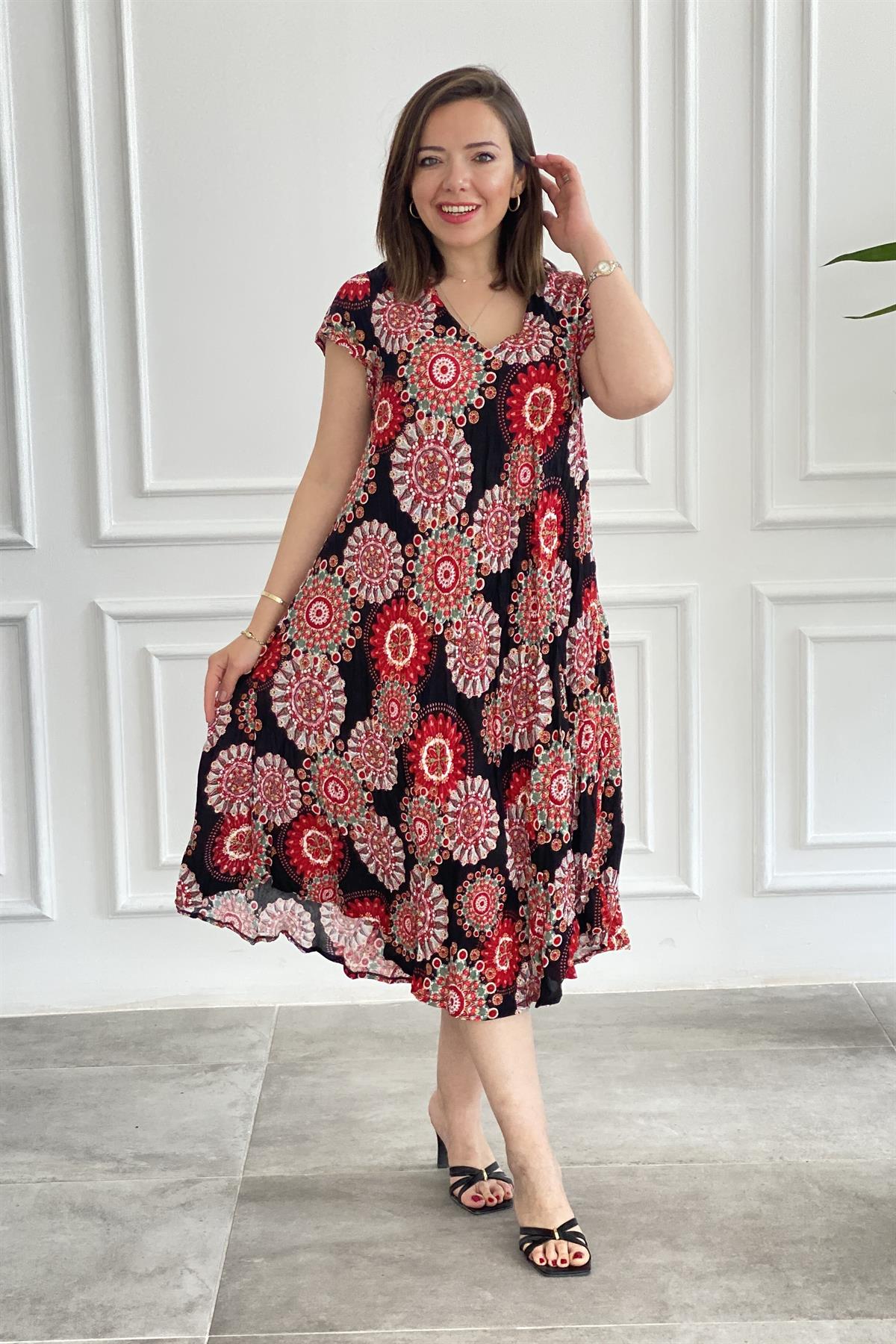 Mandala Desenli Ütü İstemeyen Penye Elbise