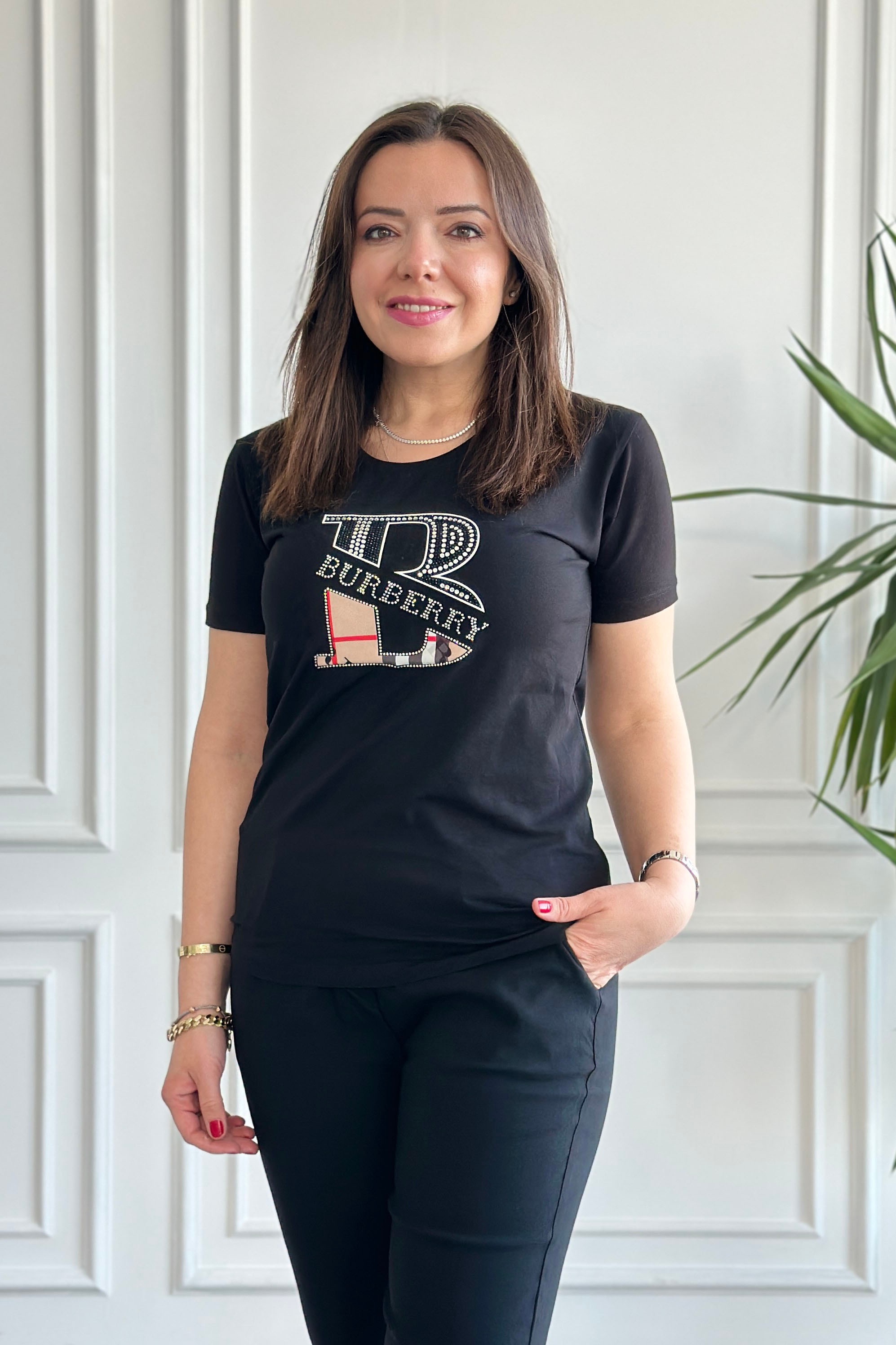Bisiklet Yaka Yazı Ve Taş Detaylı T-Shirt