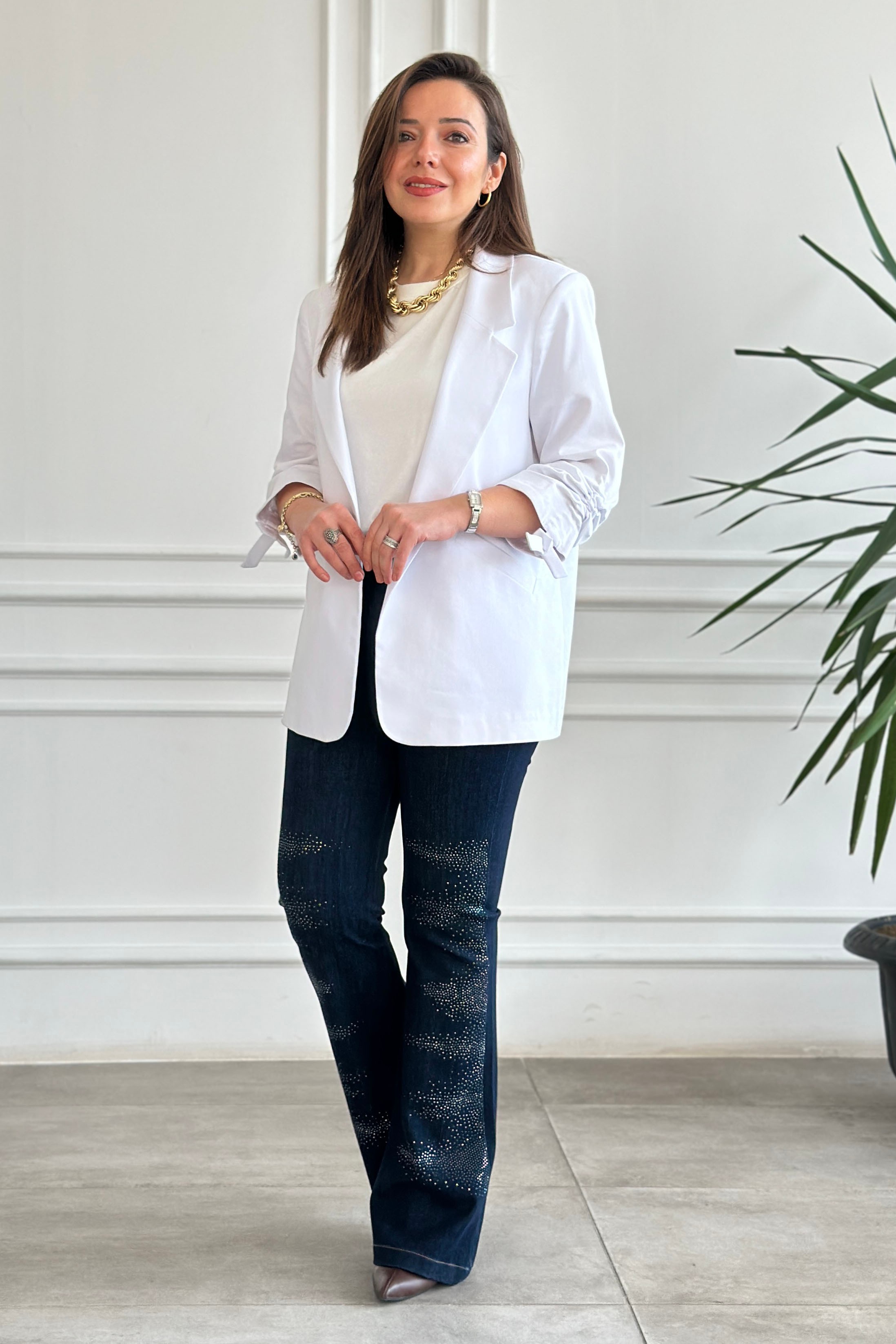 Kolları Büzgülü Blazer Ceket - BEYAZ