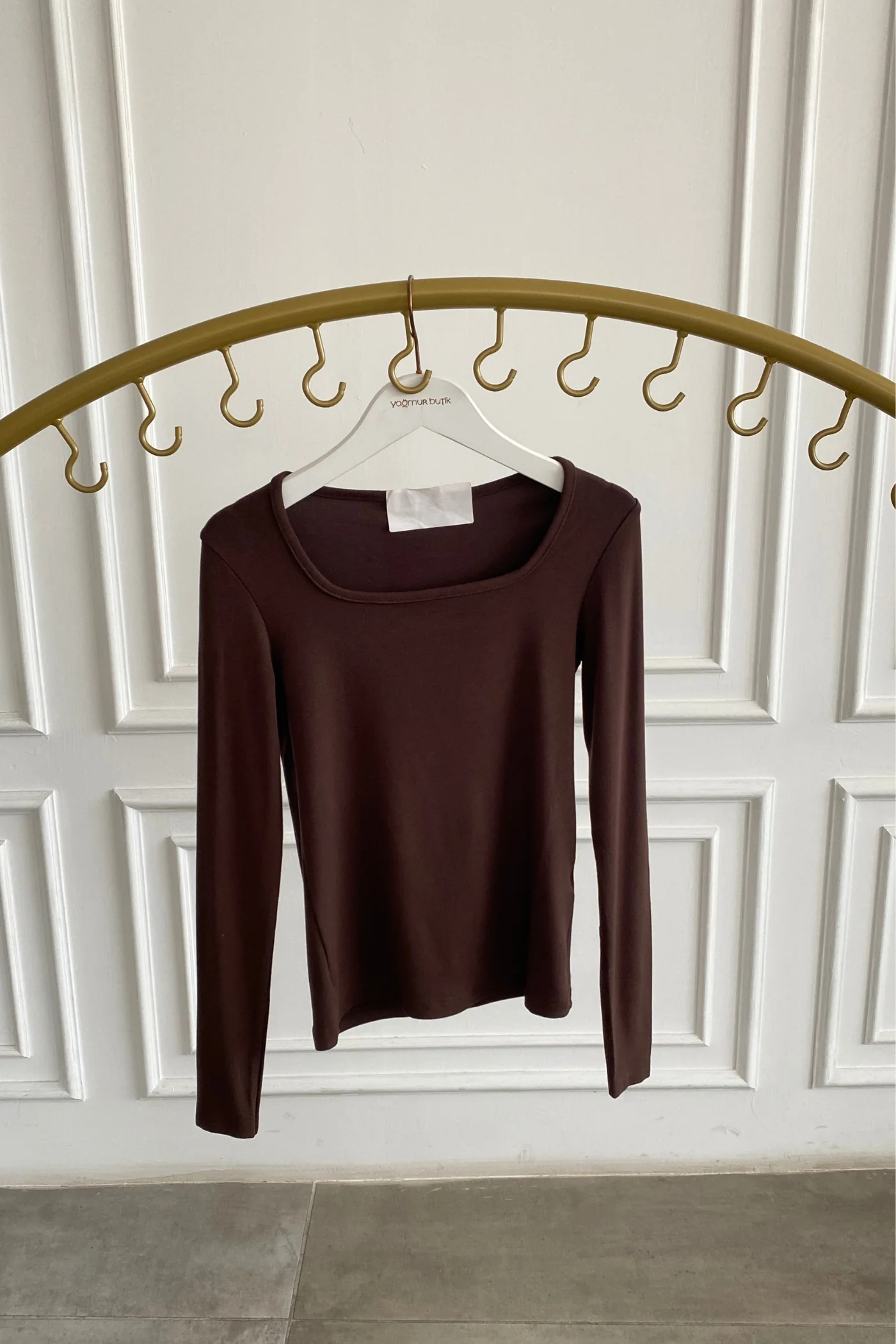 Kare Yaka Uzun Kollu Badi - KAHVERENGI