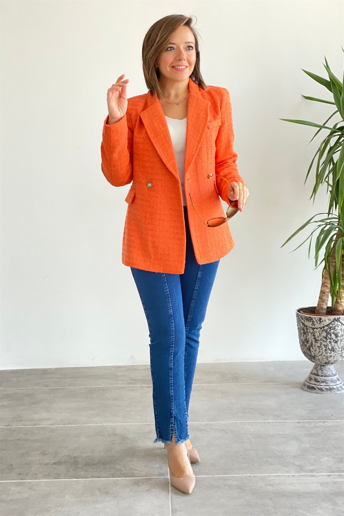 Kendinden Kareli İki Düğme Blazer Ceket