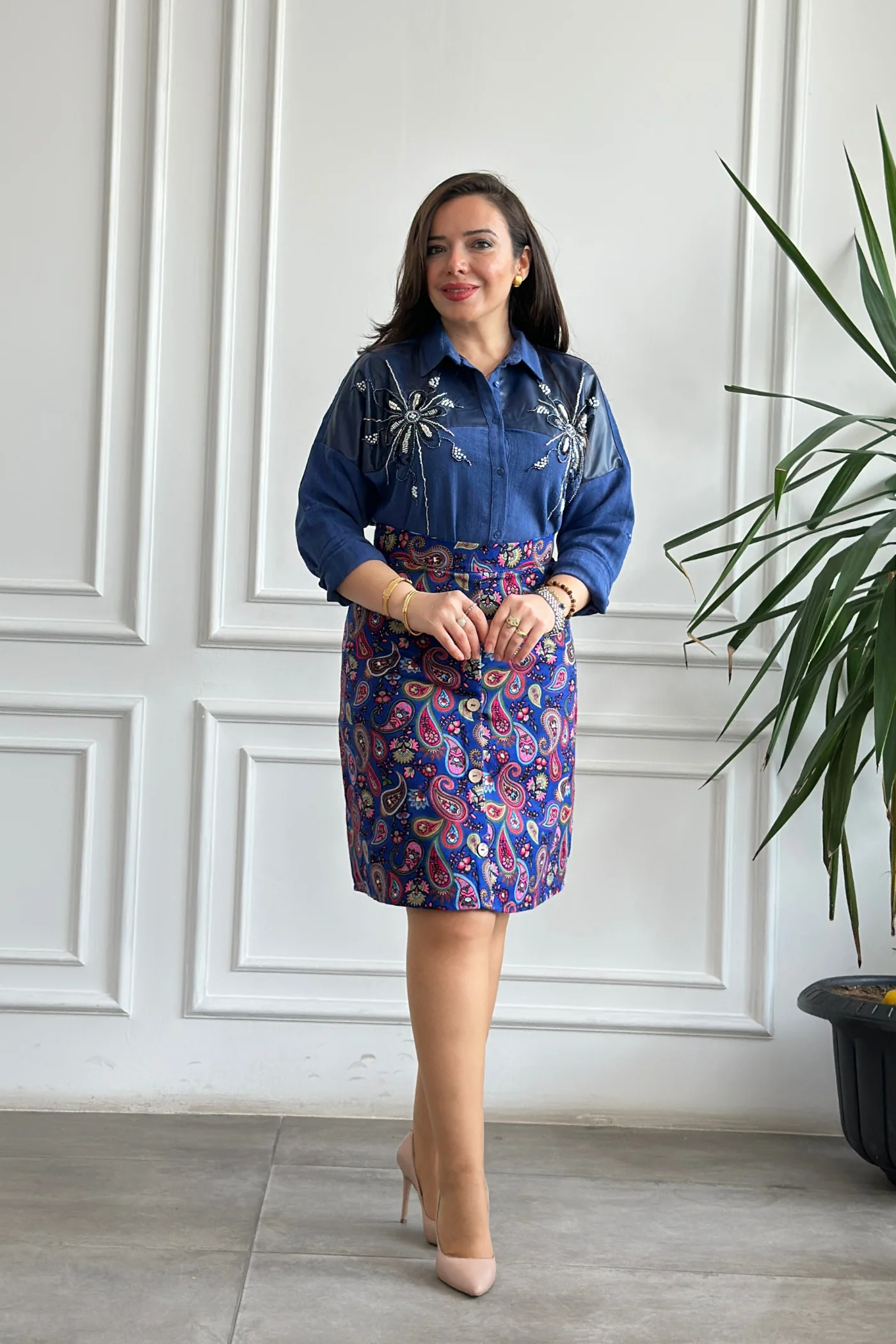 Önü Süs Düğme Detaylı Pazen Çan Etek - SAKS PEMBE