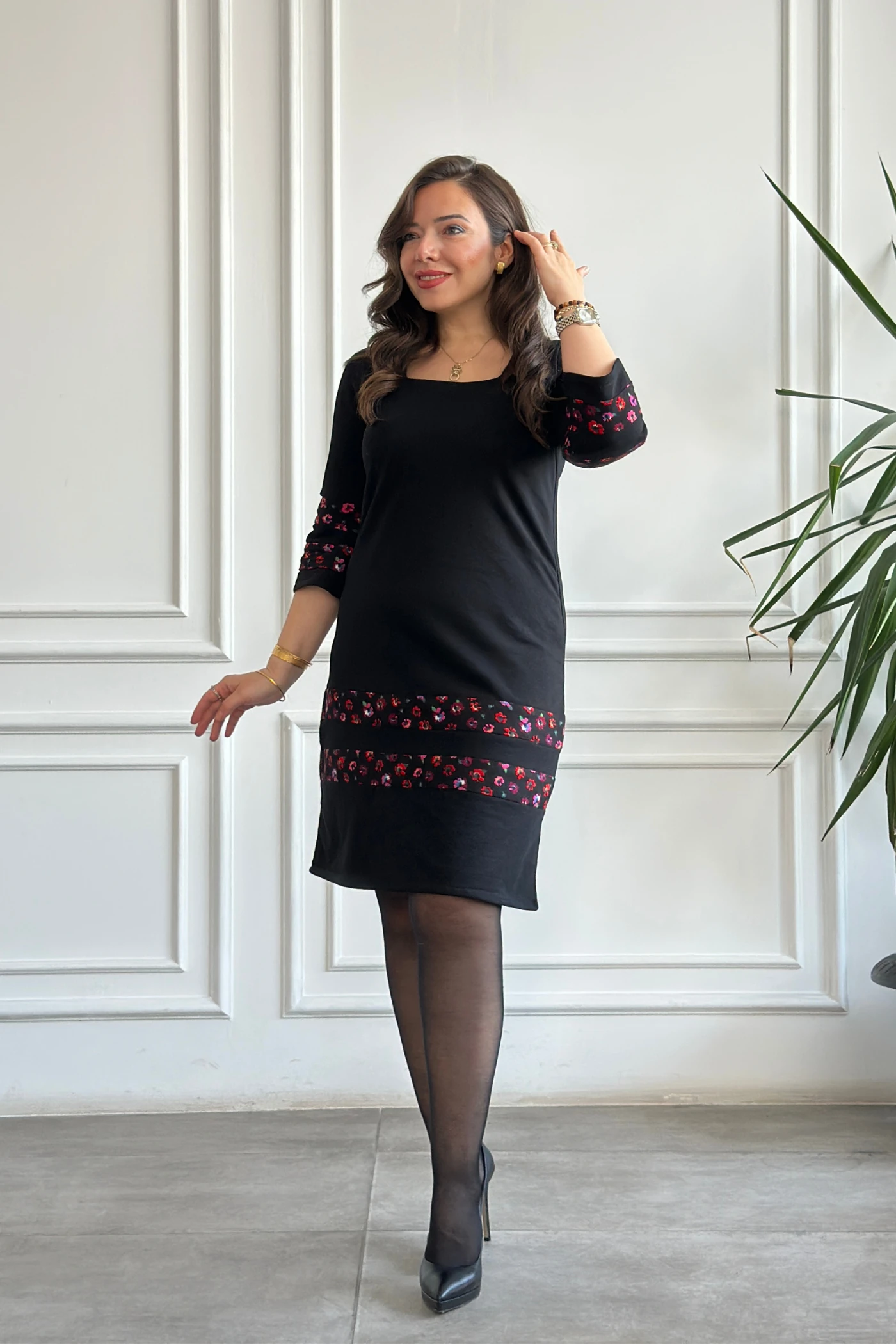 Etek Ve Kol Pazen Detaylı Pamuk Elbise - SIYAH FUSYA