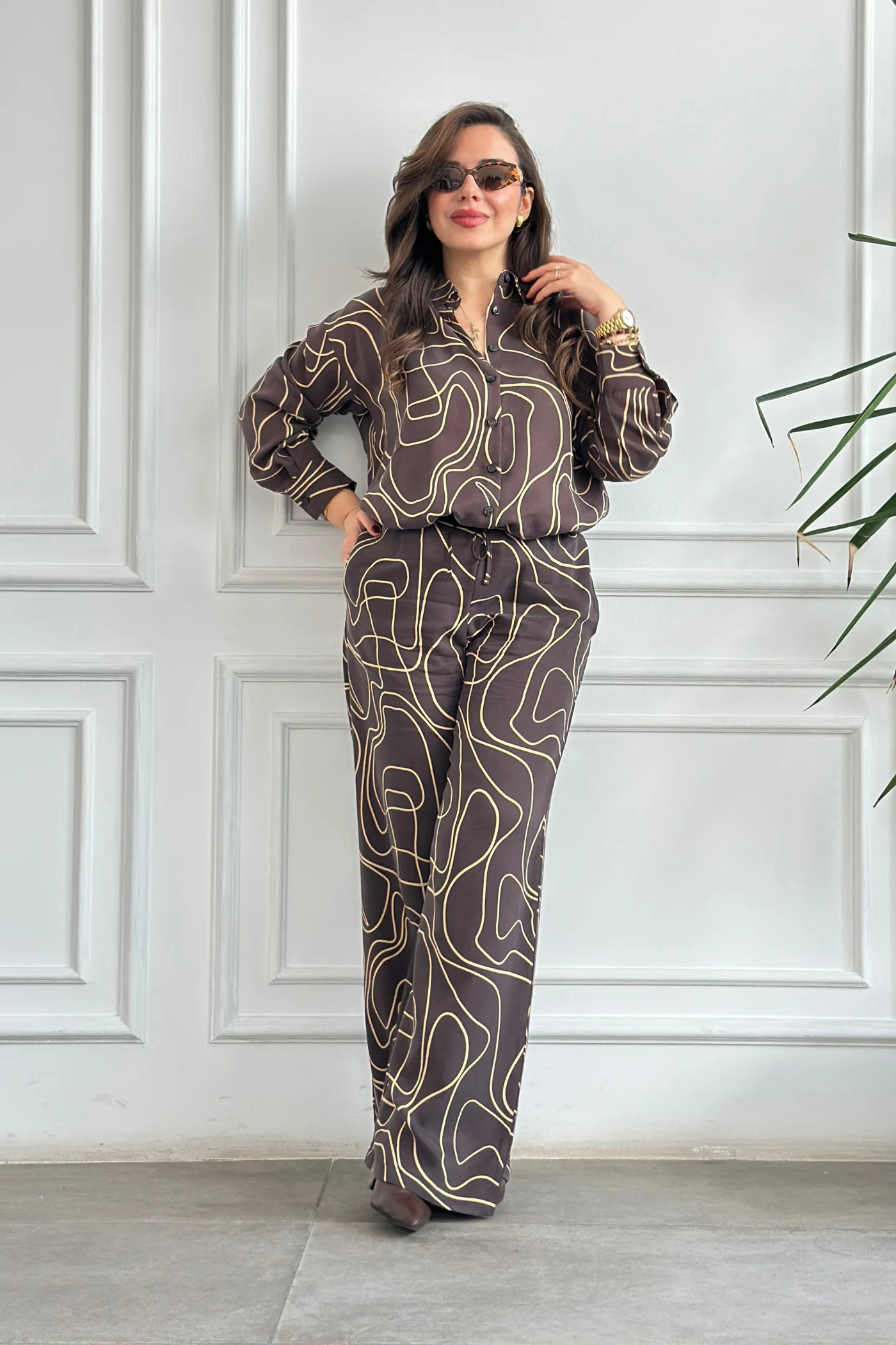 Çizgi Desenli Pantolonu Bol Paça Tensel Takım